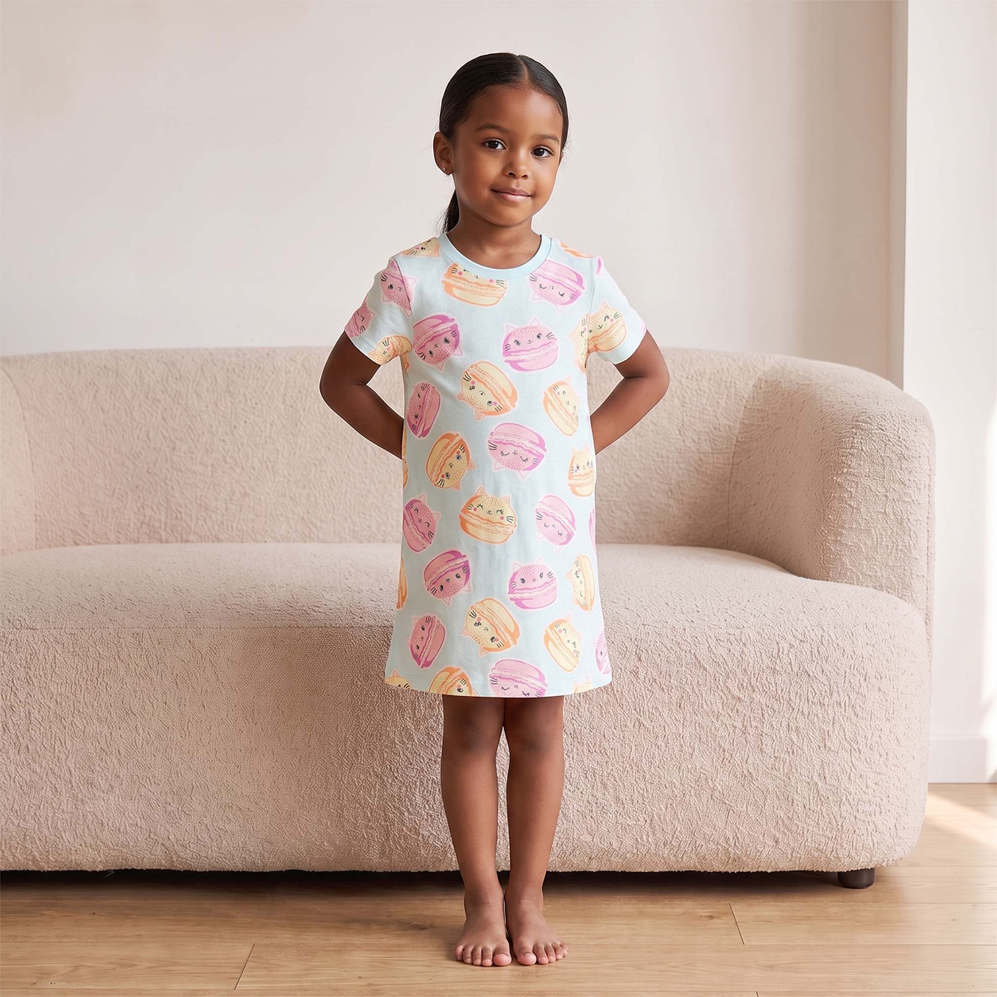 Pack of 2 Juniors Cotton Crew Neck Short Sleeves Night Dress with Macaron Print-girls-clothing-nightwear-image-2