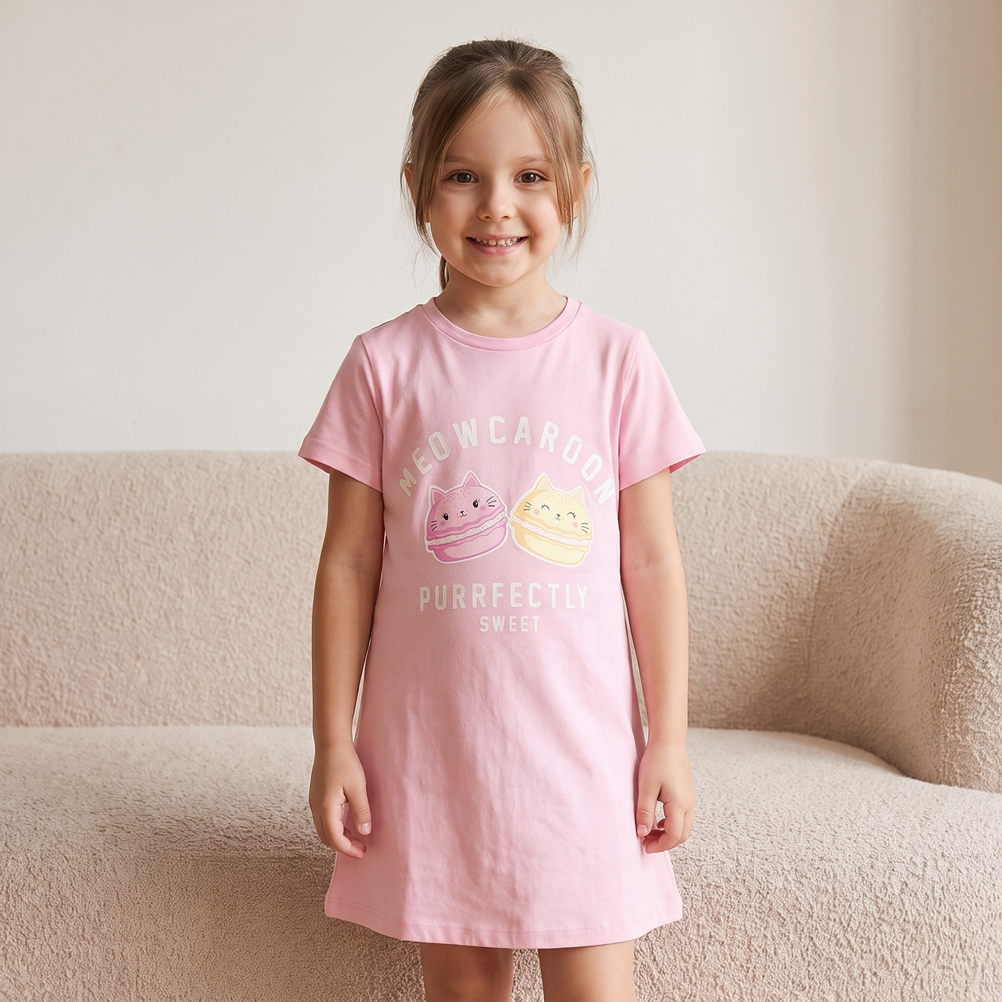 Pack of 2 Juniors Cotton Crew Neck Short Sleeves Night Dress with Macaron Print-girls-clothing-nightwear-image-5