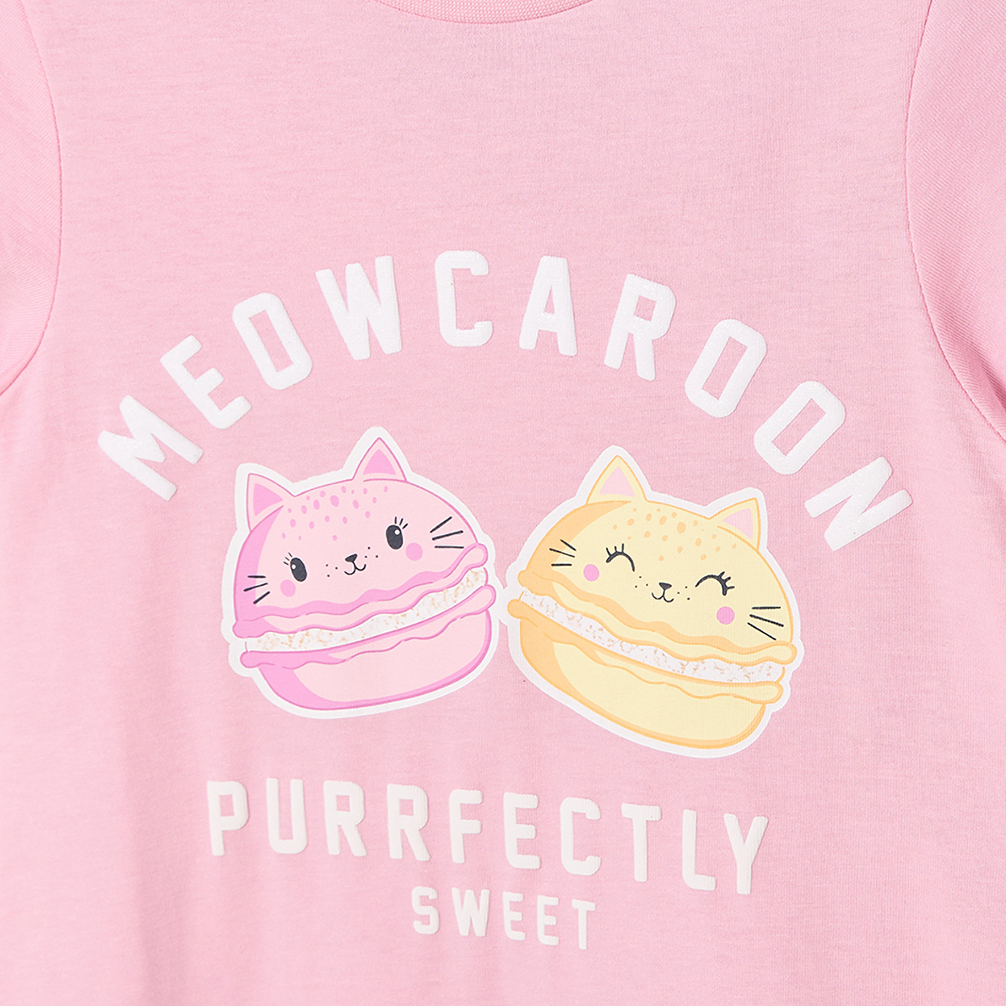 Pack of 2 Juniors Cotton Crew Neck Short Sleeves Night Dress with Macaron Print-girls-clothing-nightwear-image-7