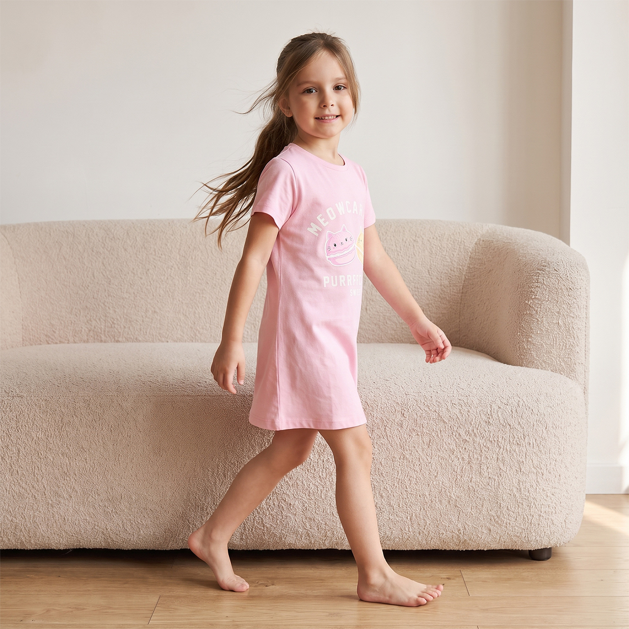 Pack of 2 Juniors Cotton Crew Neck Short Sleeves Night Dress with Macaron Print-girls-clothing-nightwear-image-9
