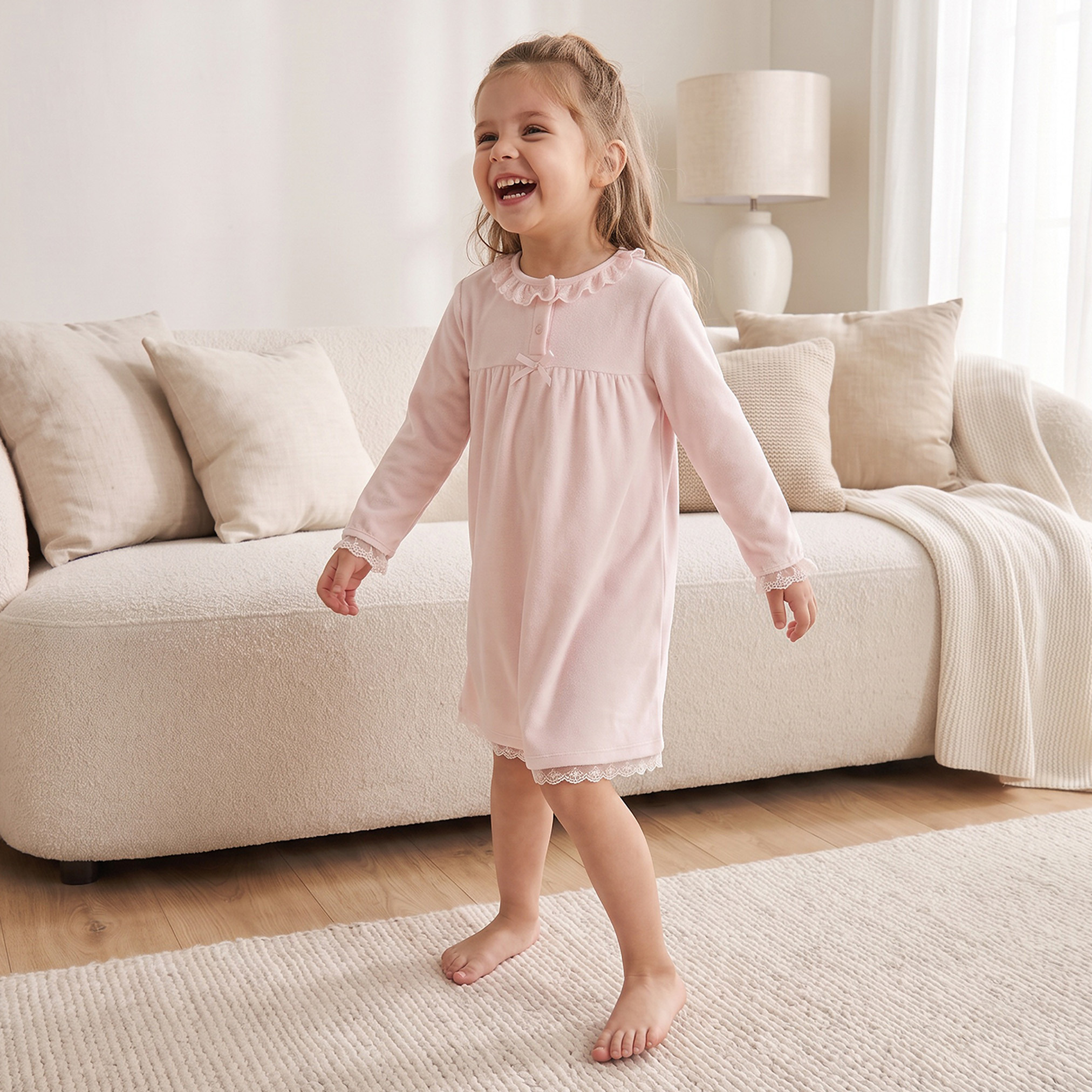 Juniors Round Neck Long Sleeves Nightdress with Lace Trim-girls-clothing-nightwear-image-1