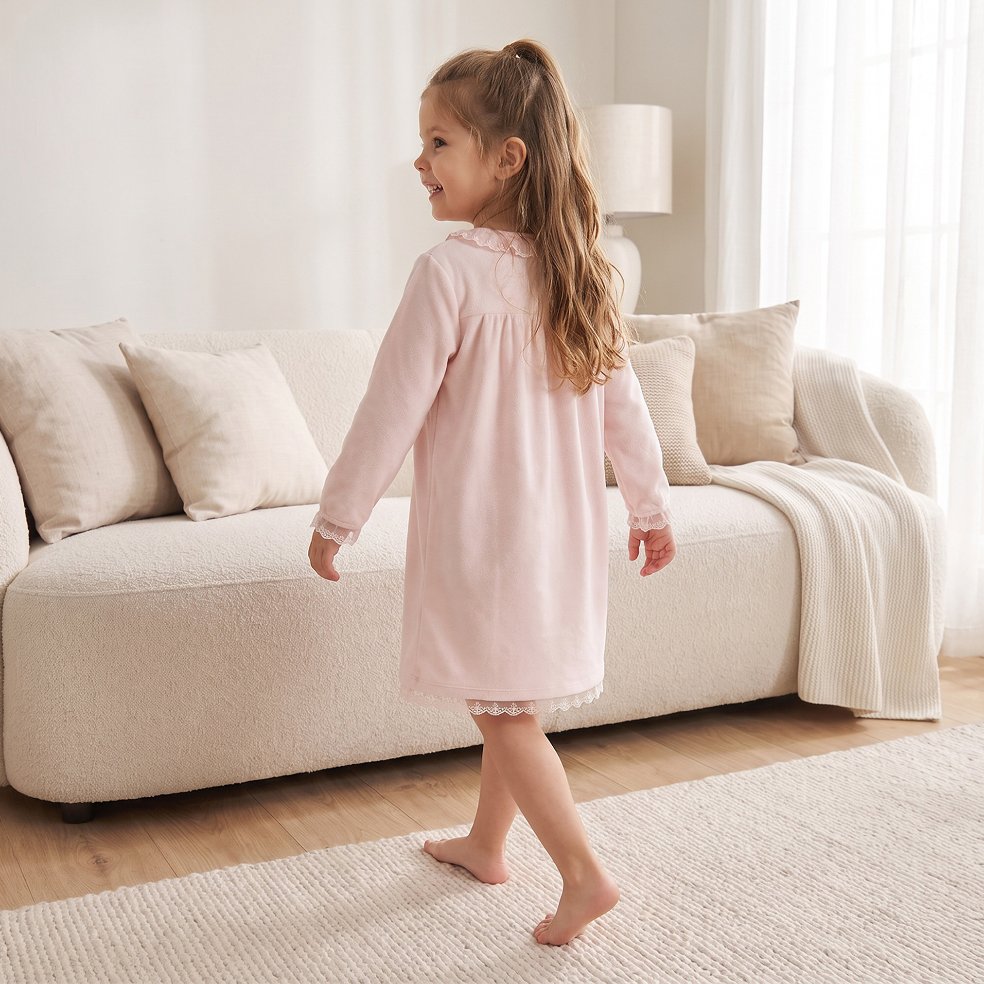Juniors Round Neck Long Sleeves Nightdress with Lace Trim-girls-clothing-nightwear-image-2