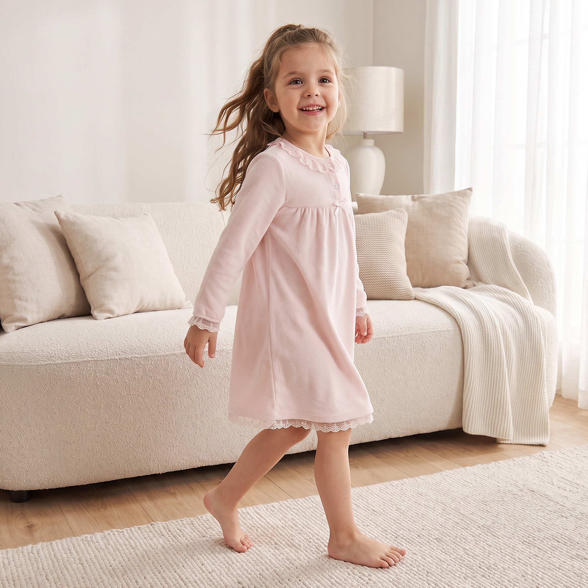 Juniors Round Neck Long Sleeves Nightdress with Lace Trim-girls-clothing-nightwear-image-4