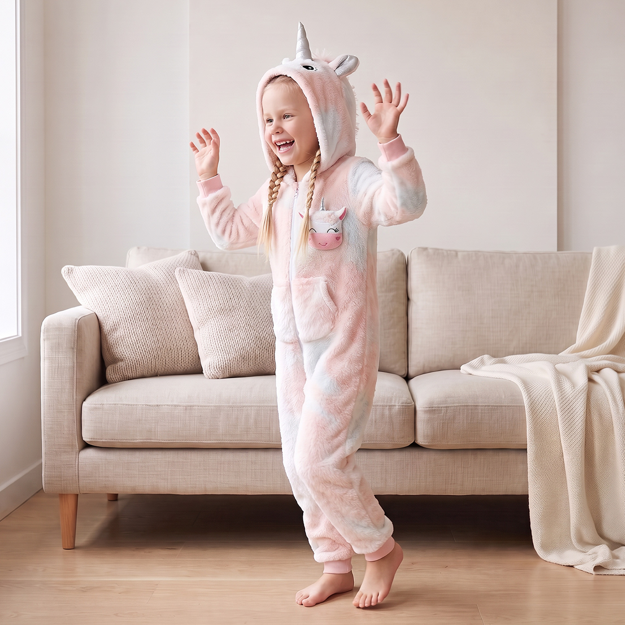 Juniors Hooded Long Sleeves Sleepsuit with Unicorn Applique-baby-girls-clothing-nightwear-sleepsuits-image-1