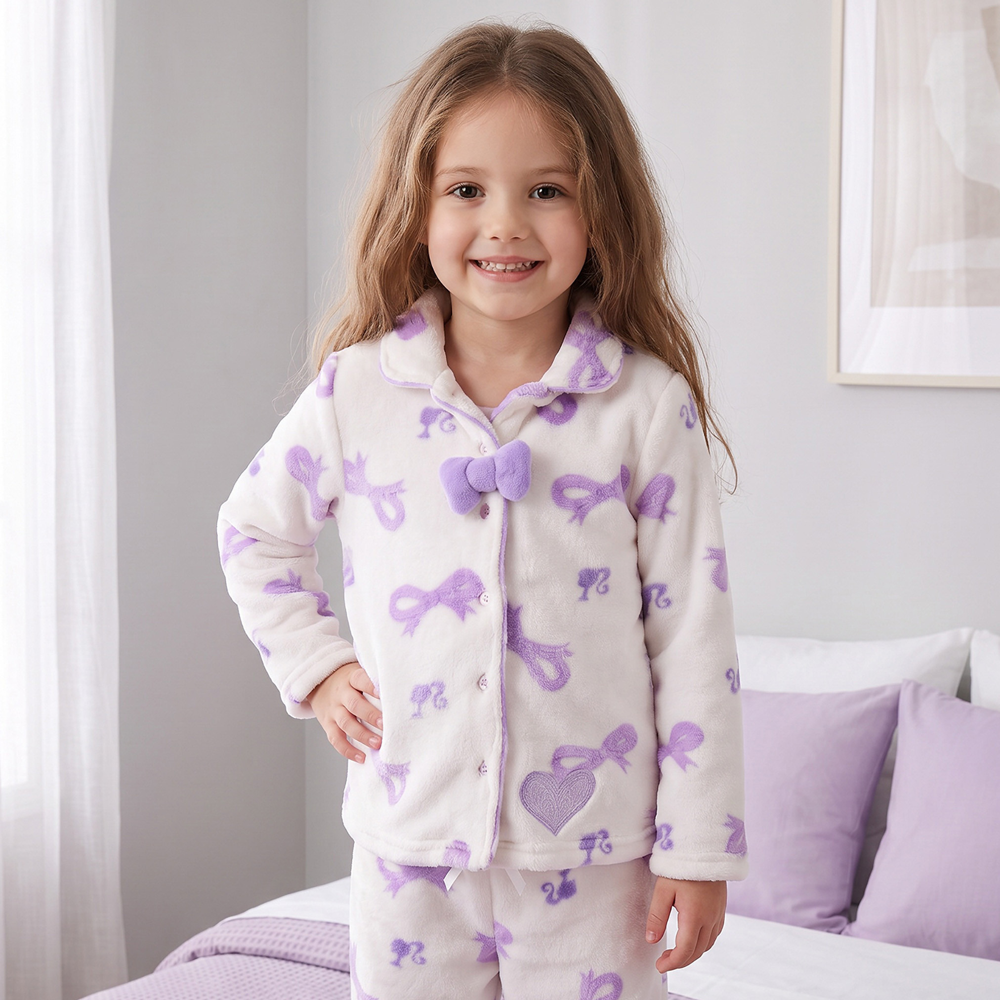 Collared Long Sleeves Pyjama Set with Barbie Print-girls-clothing-nightwear-image-2