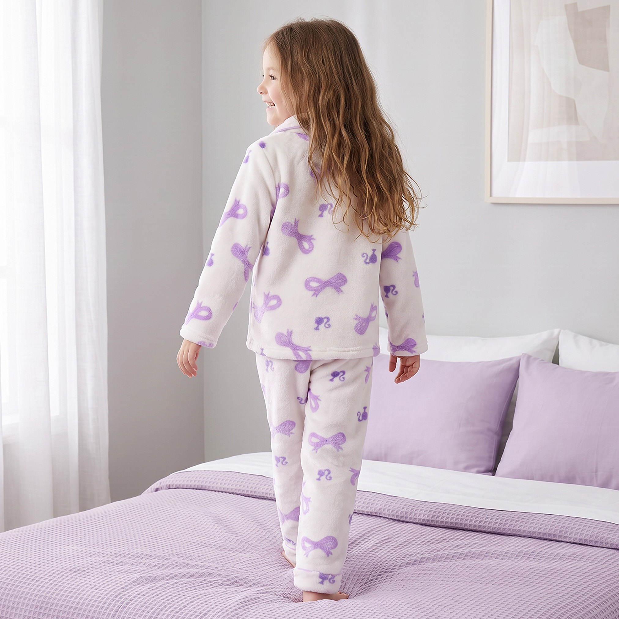 Collared Long Sleeves Pyjama Set with Barbie Print-girls-clothing-nightwear-image-4