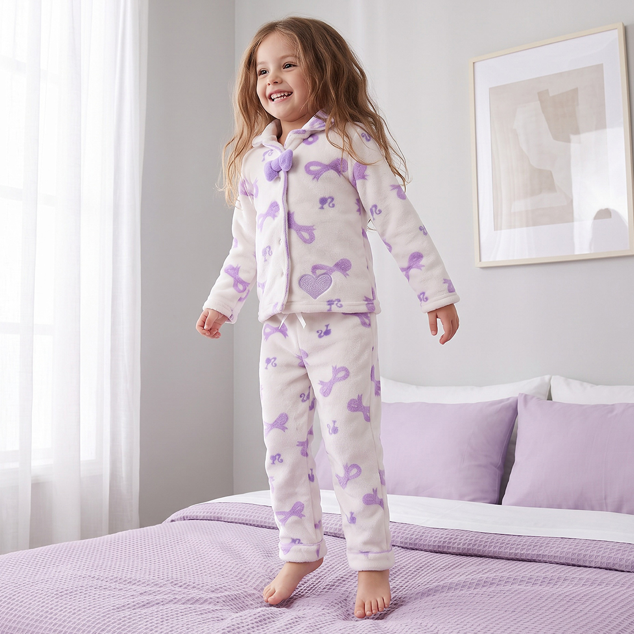 Collared Long Sleeves Pyjama Set with Barbie Print-girls-clothing-nightwear-image-5