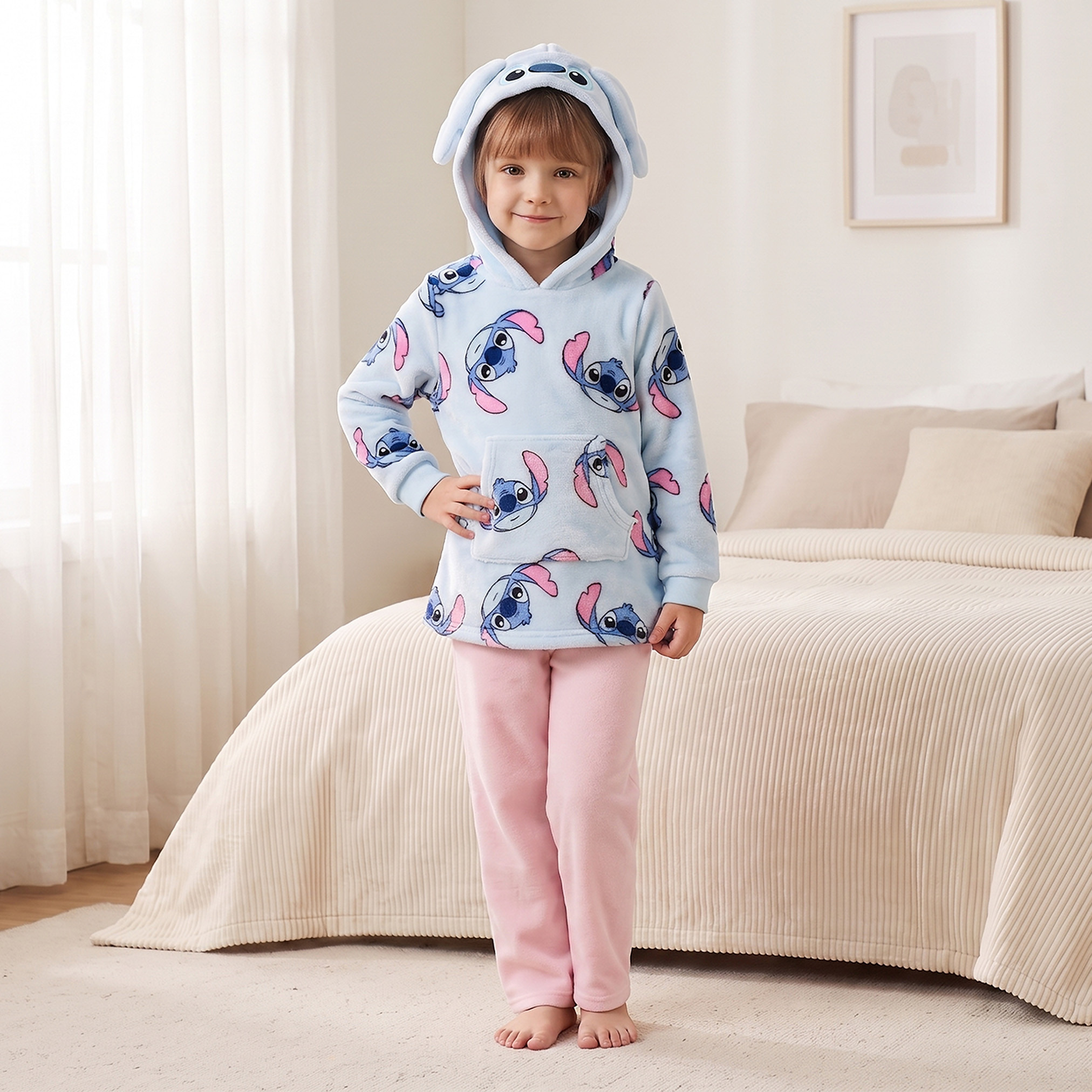 Disney Cotton Hooded Neck Long Sleeves Pyjama Set with Stitch Print-girls-clothing-nightwear-image-1