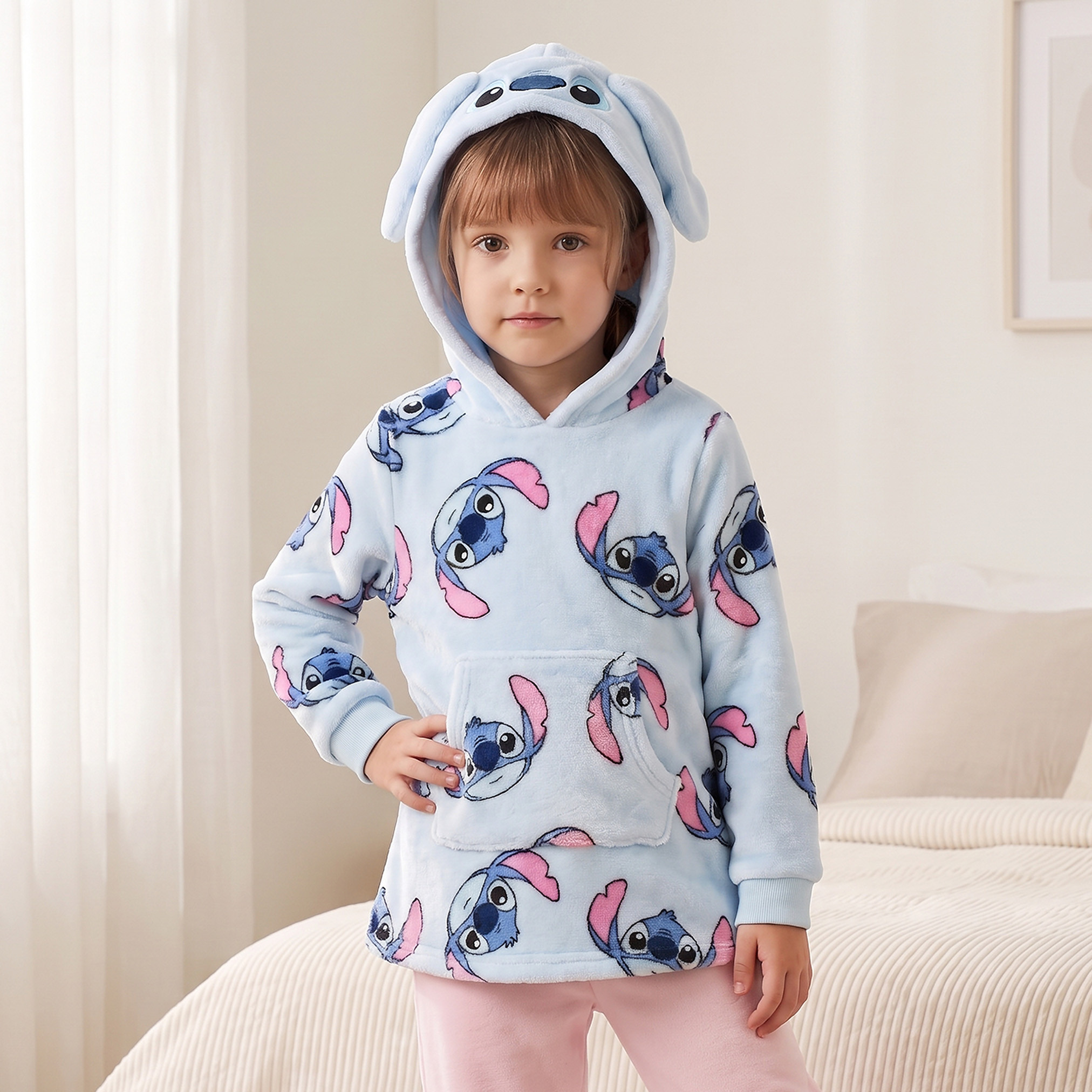 Disney Cotton Hooded Neck Long Sleeves Pyjama Set with Stitch Print-girls-clothing-nightwear-image-2