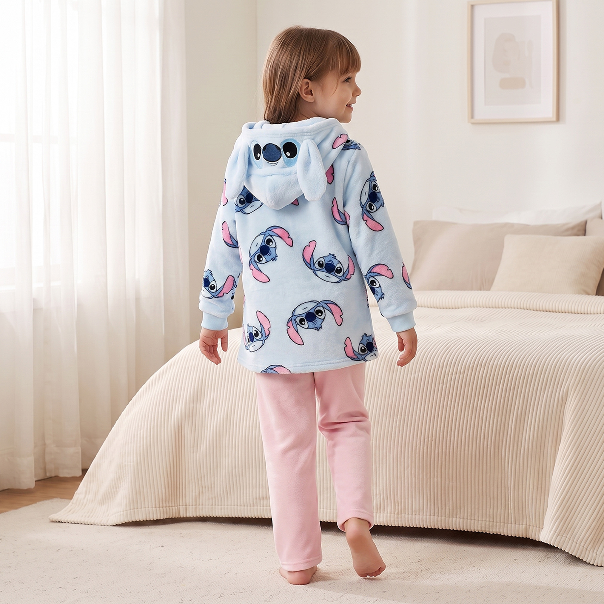 Disney Cotton Hooded Neck Long Sleeves Pyjama Set with Stitch Print-girls-clothing-nightwear-image-4