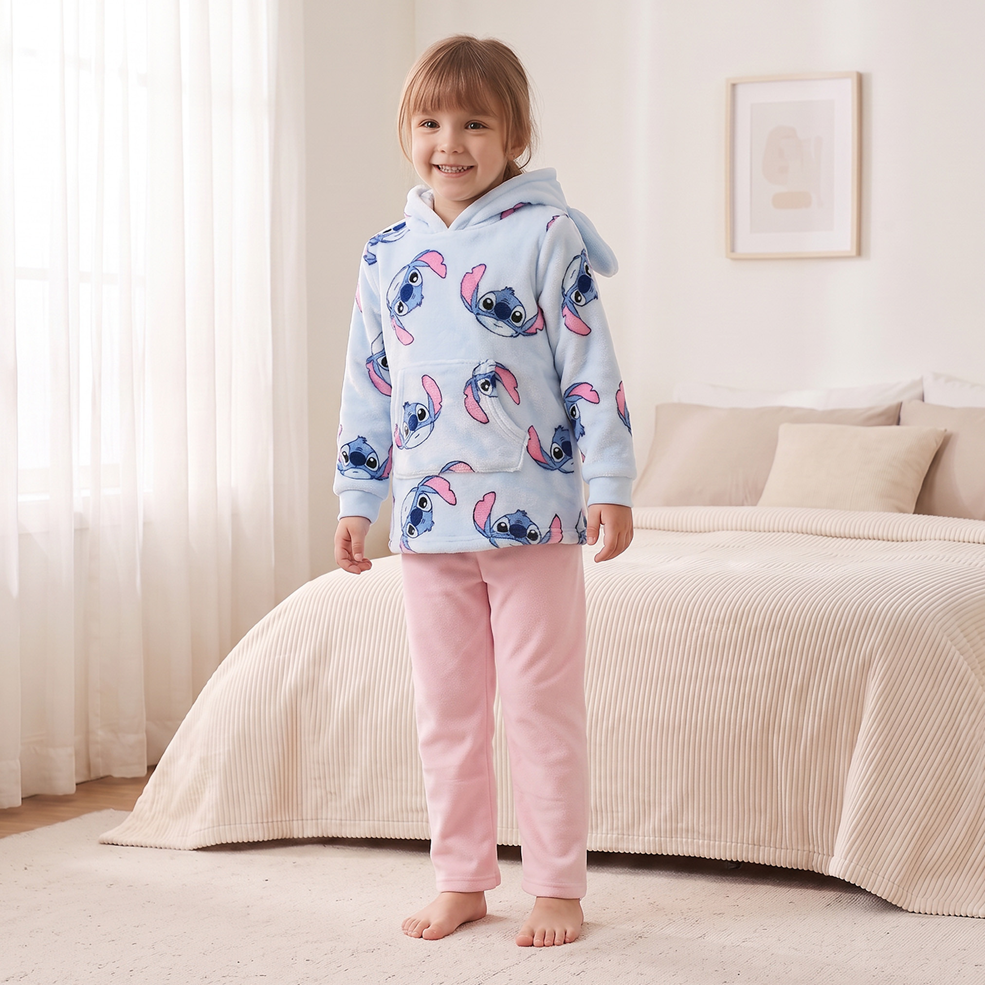 Disney Cotton Hooded Neck Long Sleeves Pyjama Set with Stitch Print-girls-clothing-nightwear-image-7