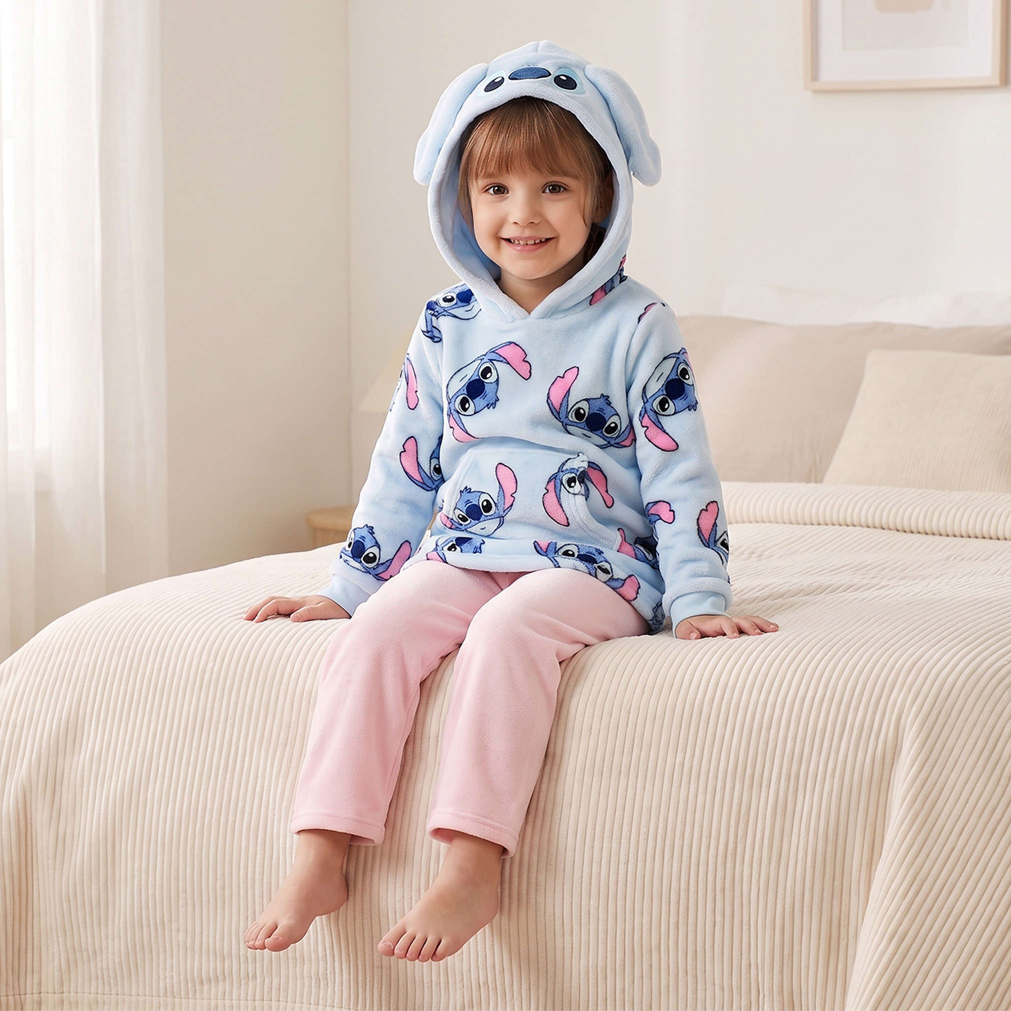 Disney Cotton Hooded Neck Long Sleeves Pyjama Set with Stitch Print-girls-clothing-nightwear-image-8
