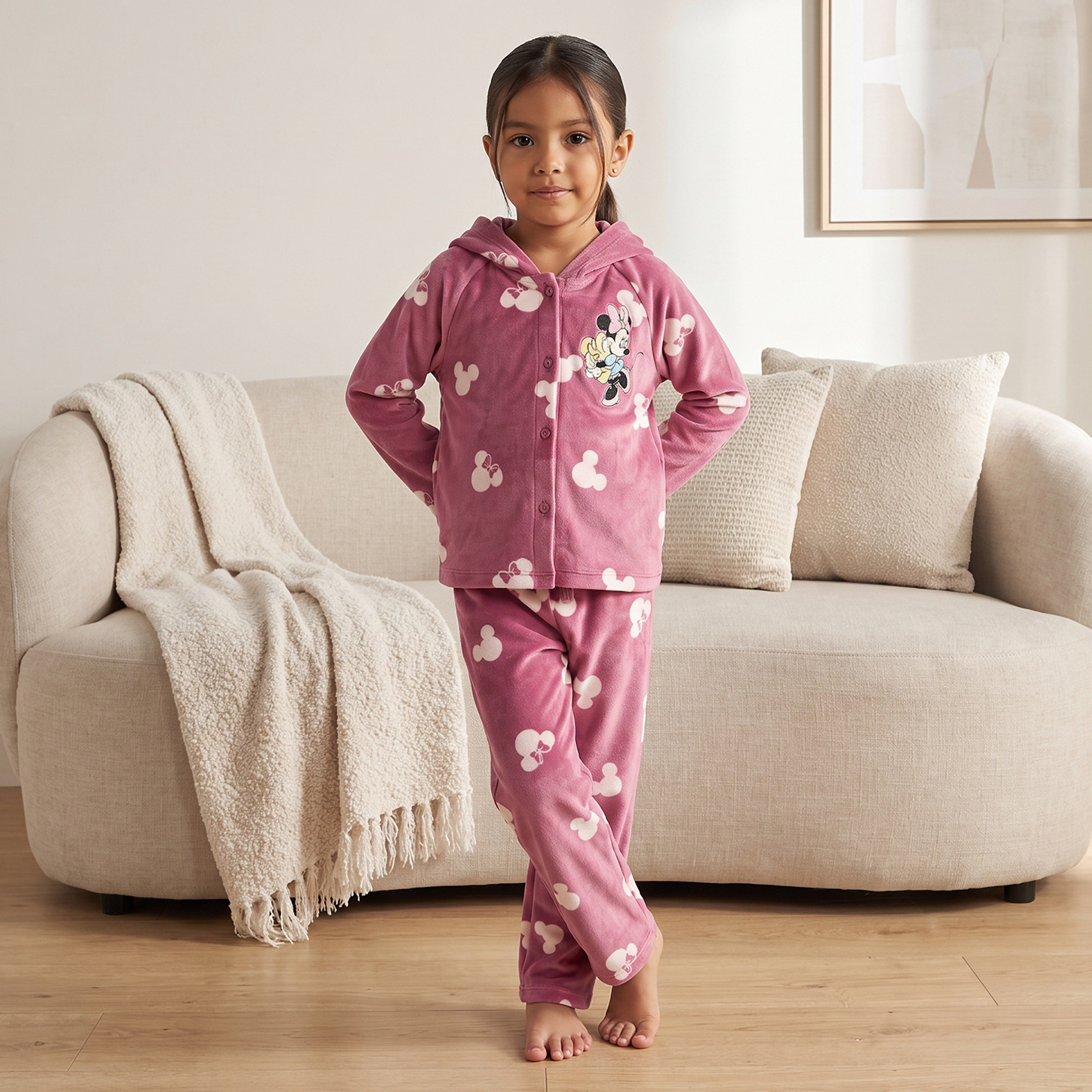 Cotton Hooded Long Sleeves Pyjama Set with Minnie Mouse Print-girls-clothing-nightwear-image-1