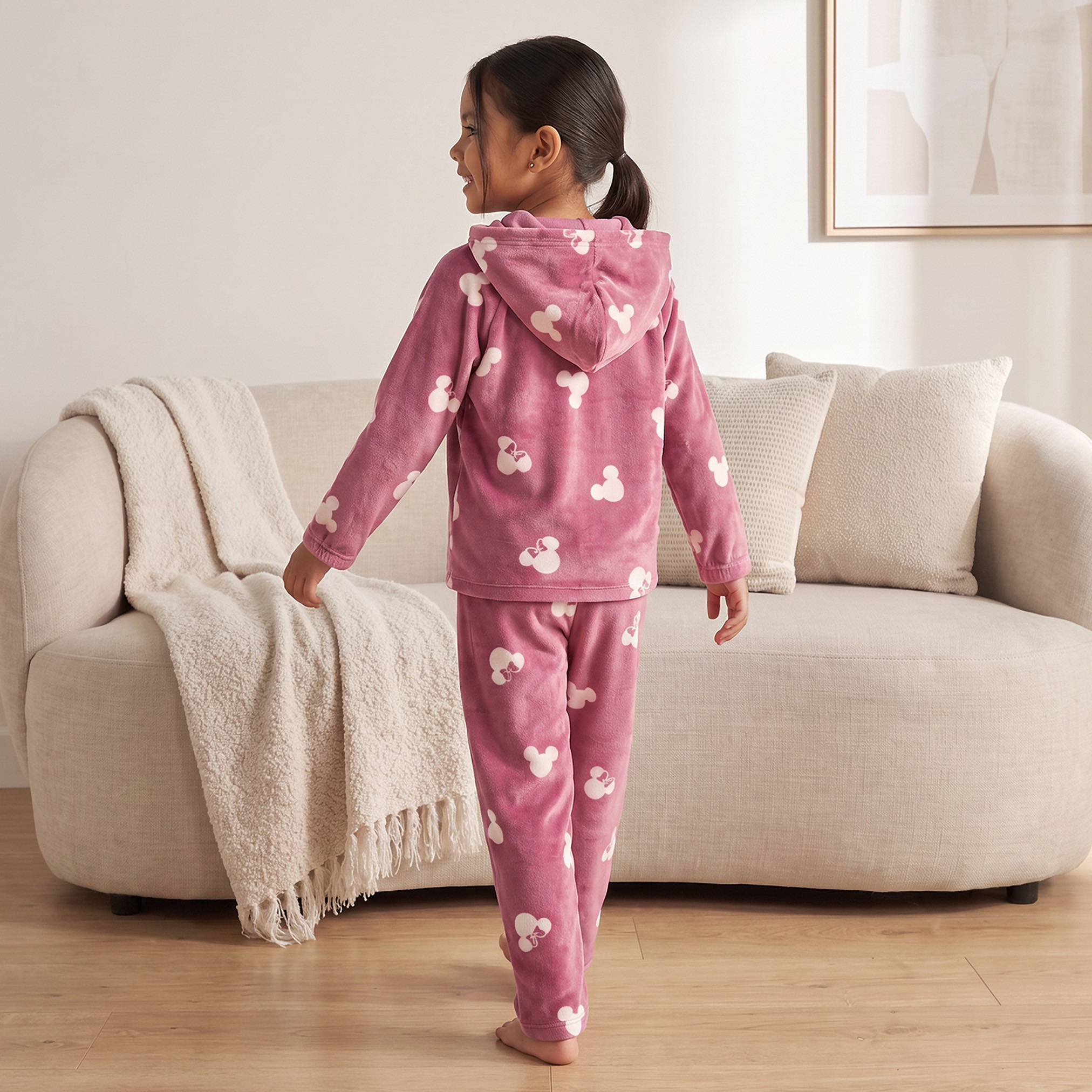 Cotton Hooded Long Sleeves Pyjama Set with Minnie Mouse Print-girls-clothing-nightwear-image-2