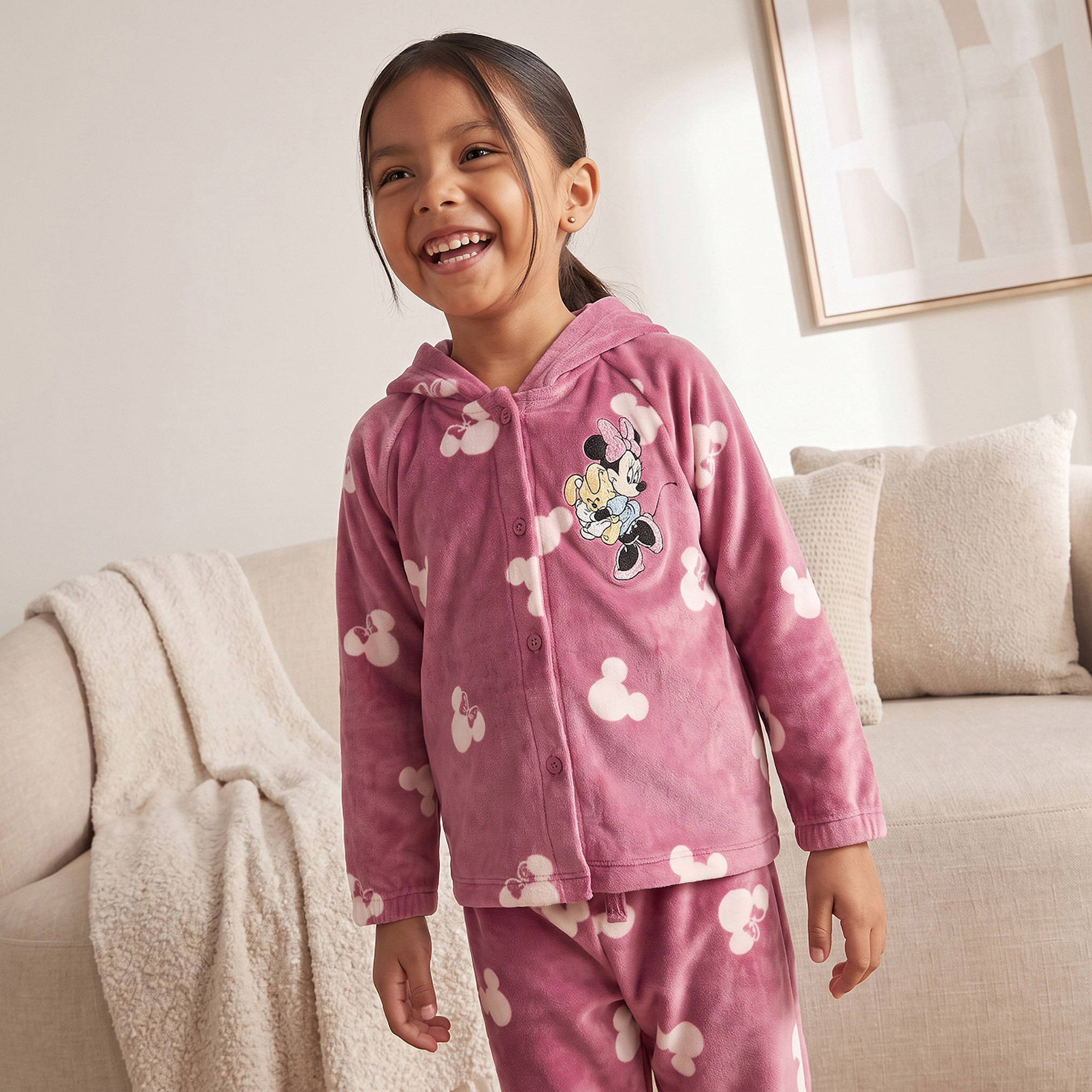 Cotton Hooded Long Sleeves Pyjama Set with Minnie Mouse Print-girls-clothing-nightwear-image-3