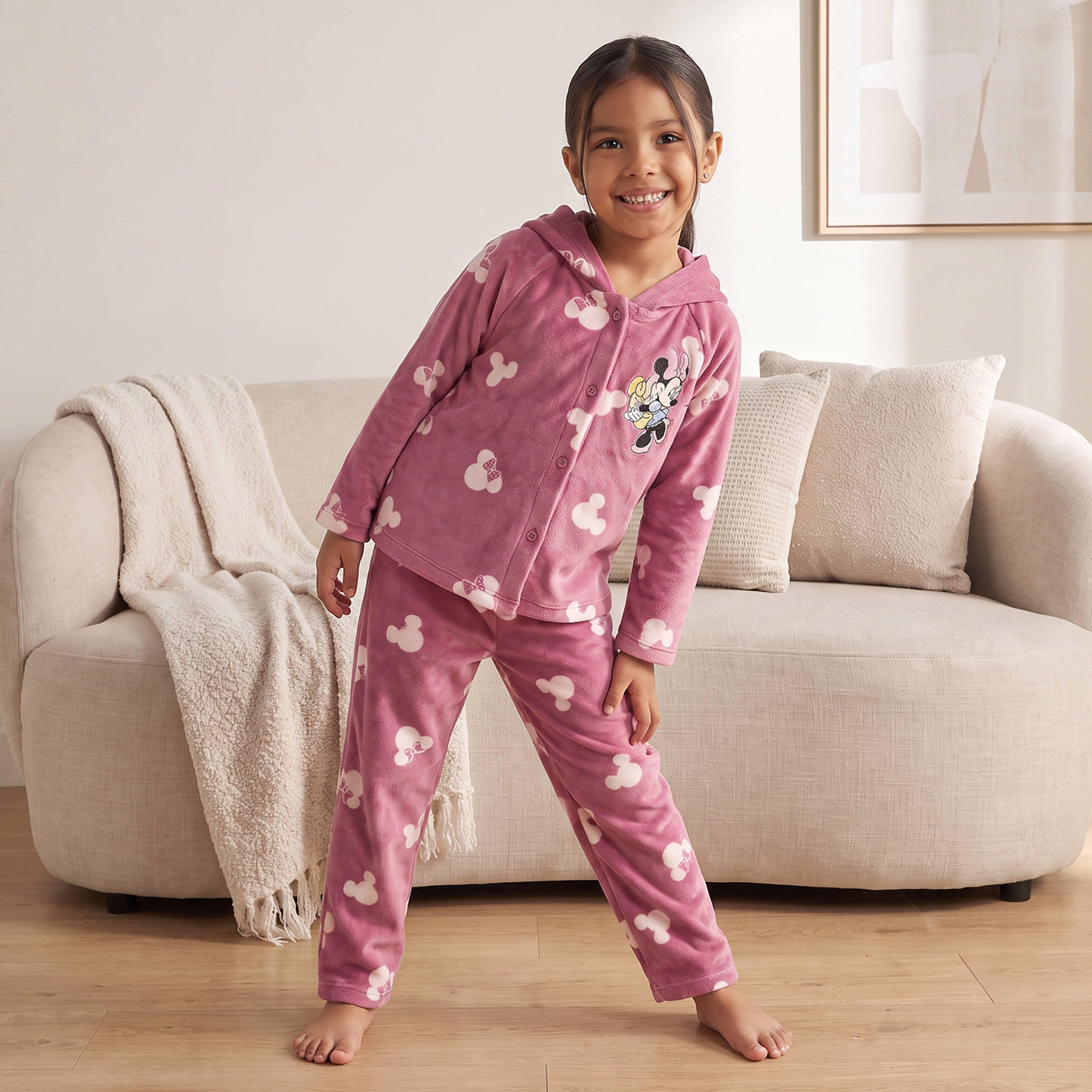 Cotton Hooded Long Sleeves Pyjama Set with Minnie Mouse Print-girls-clothing-nightwear-image-5