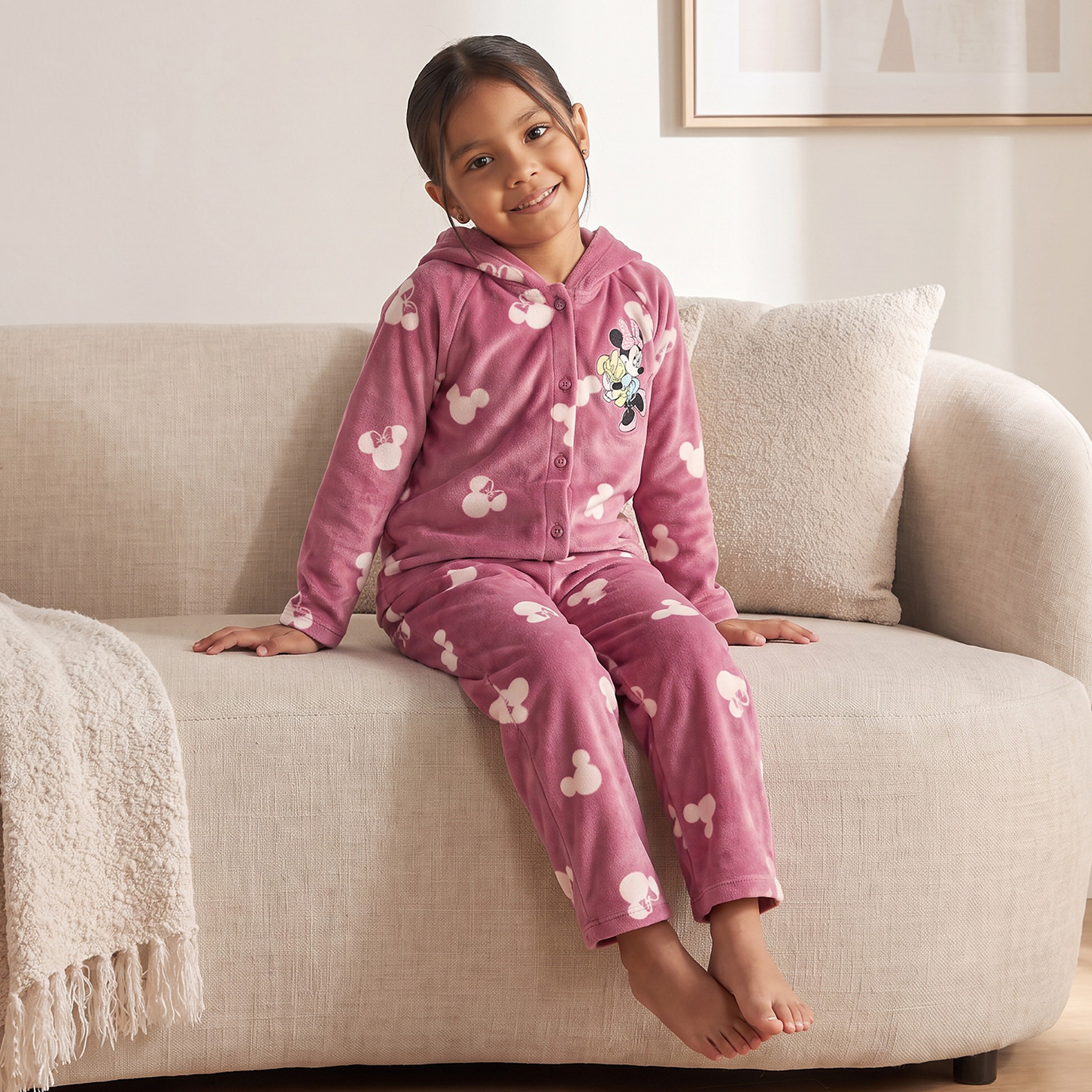 Cotton Hooded Long Sleeves Pyjama Set with Minnie Mouse Print-girls-clothing-nightwear-image-6