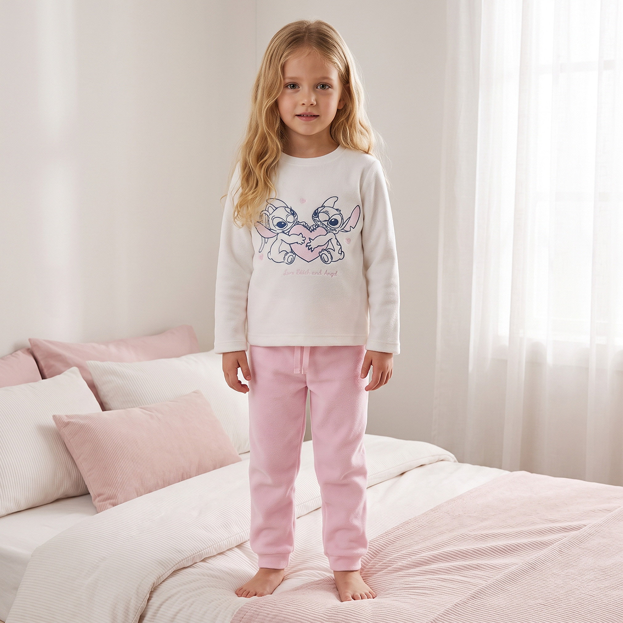 Disney Cotton Crew Neck Long Sleeves Pyjama Set with Stitch and Angel Embroidery-girls-clothing-nightwear-image-1