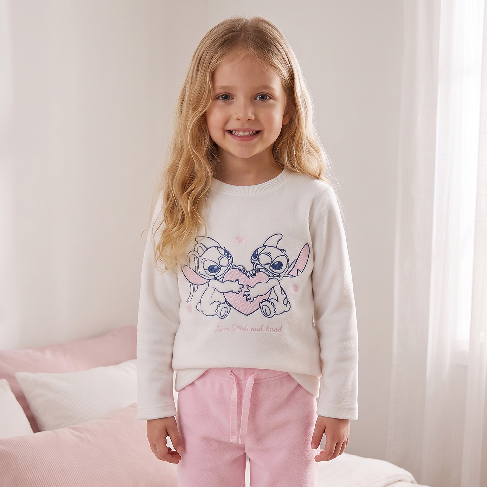Disney Cotton Crew Neck Long Sleeves Pyjama Set with Stitch and Angel Embroidery-girls-clothing-nightwear-image-2
