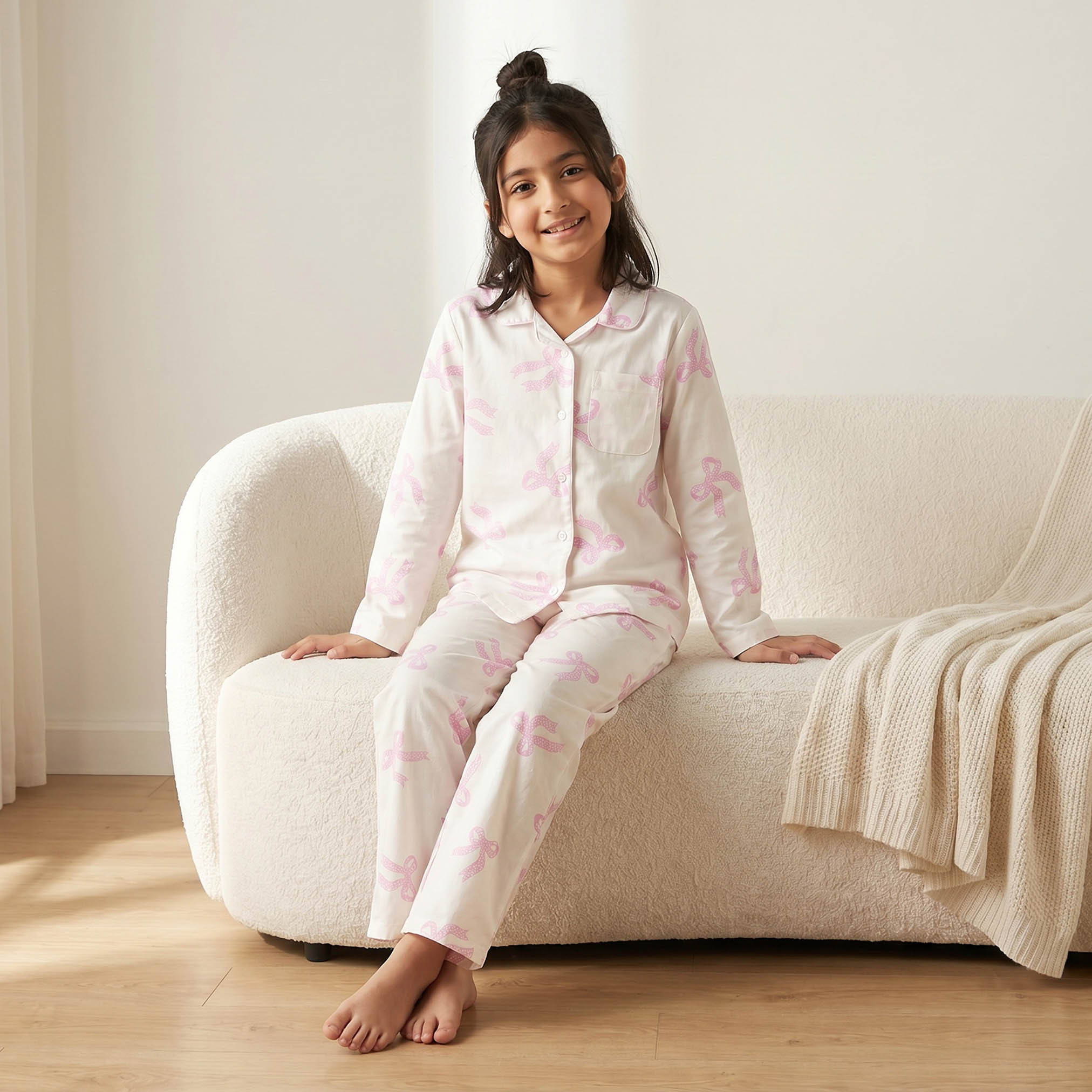طقم بيجاما قطنية بطبعات فيونكات بياقة وأكمام طويلة من جونيورز-girls-clothing-nightwear-image-7