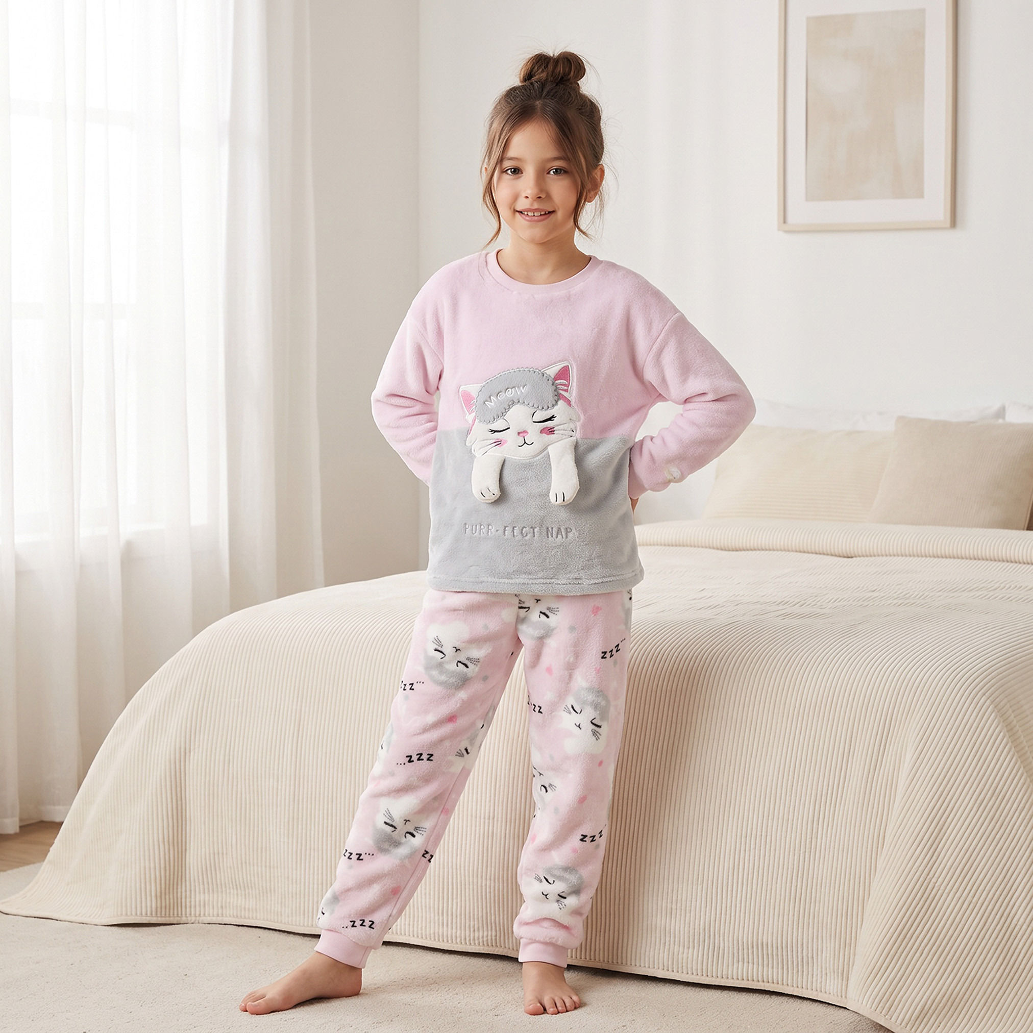 Juniors Crew Neck Long Sleeves Pyjama Set with Cat Applique-girls-clothing-nightwear-image-1
