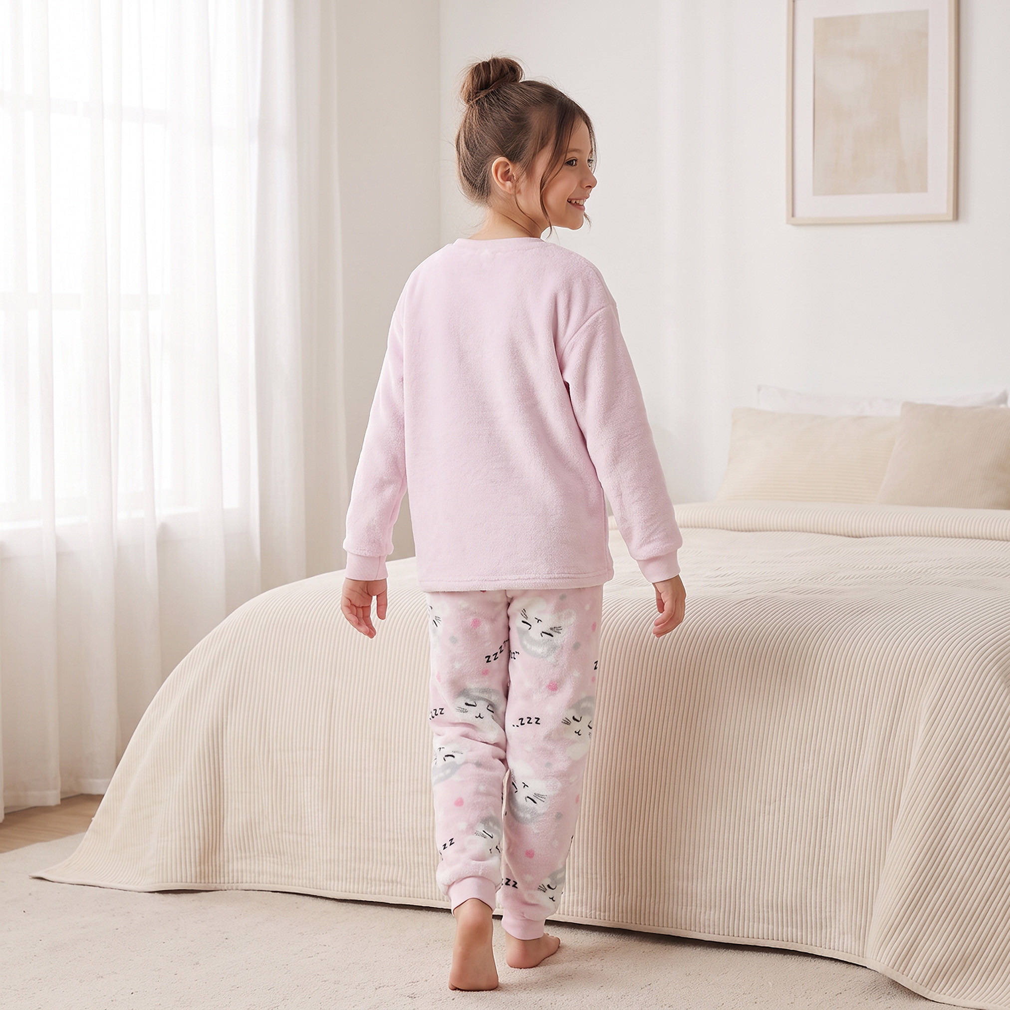 Juniors Crew Neck Long Sleeves Pyjama Set with Cat Applique-girls-clothing-nightwear-image-2