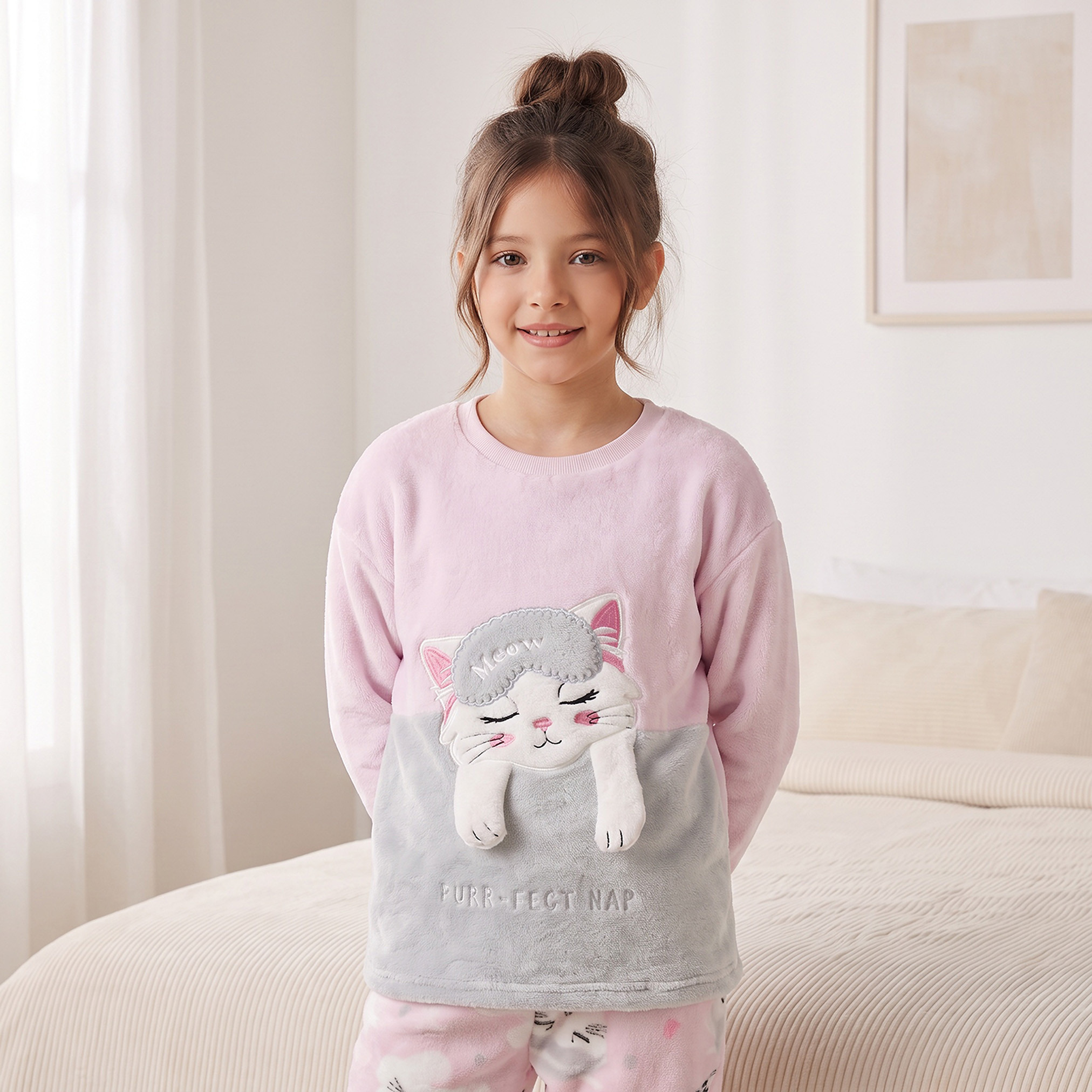 Juniors Crew Neck Long Sleeves Pyjama Set with Cat Applique-girls-clothing-nightwear-image-3