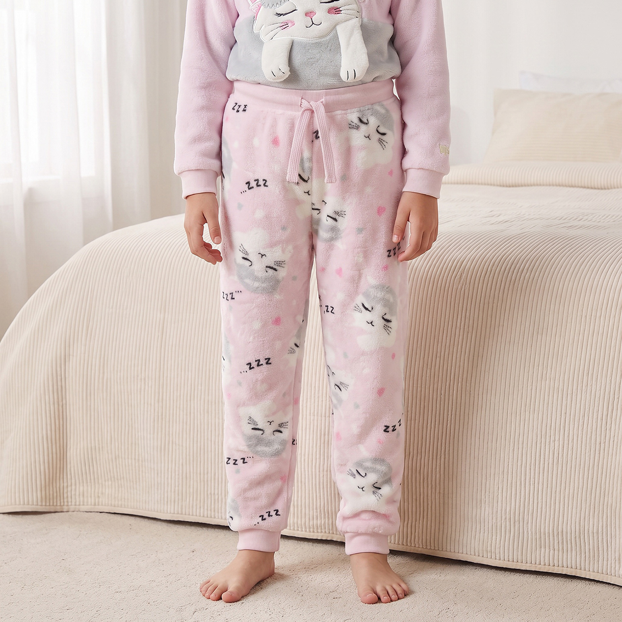Juniors Crew Neck Long Sleeves Pyjama Set with Cat Applique-girls-clothing-nightwear-image-4