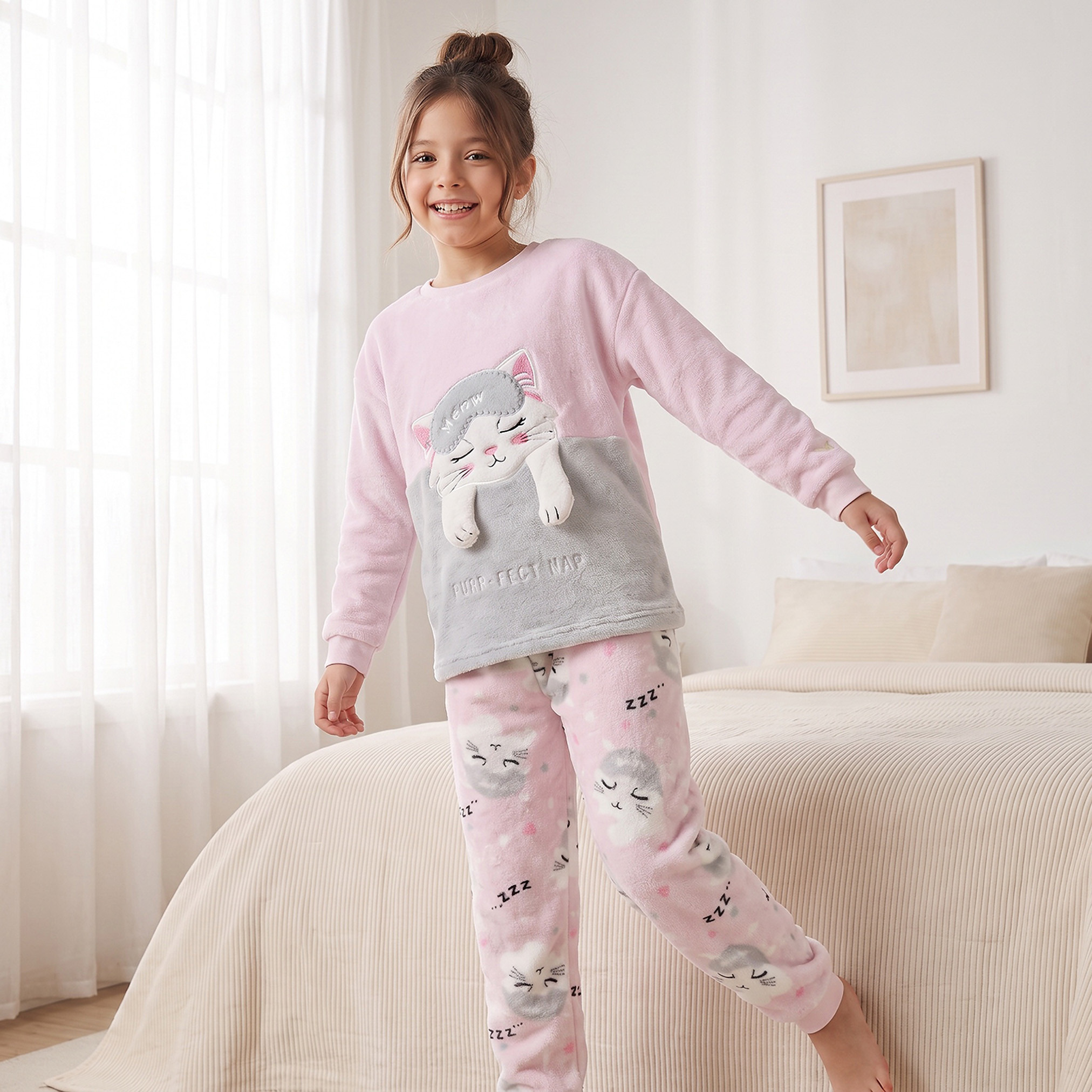 Juniors Crew Neck Long Sleeves Pyjama Set with Cat Applique-girls-clothing-nightwear-image-5
