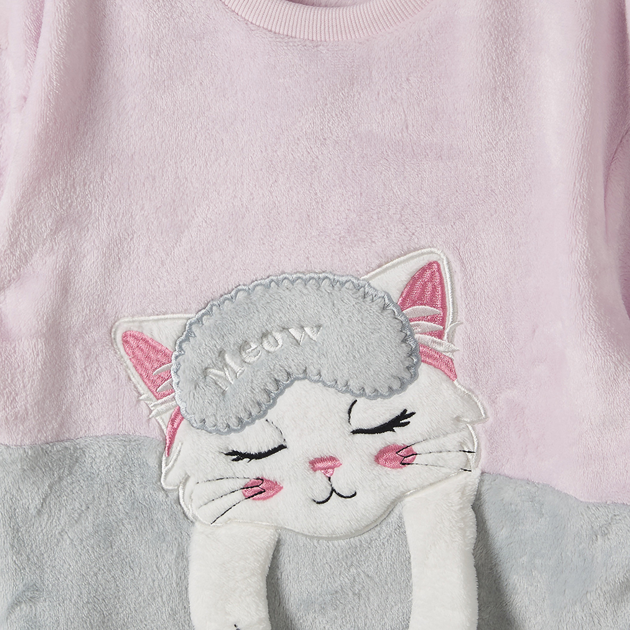 Juniors Crew Neck Long Sleeves Pyjama Set with Cat Applique-girls-clothing-nightwear-image-7