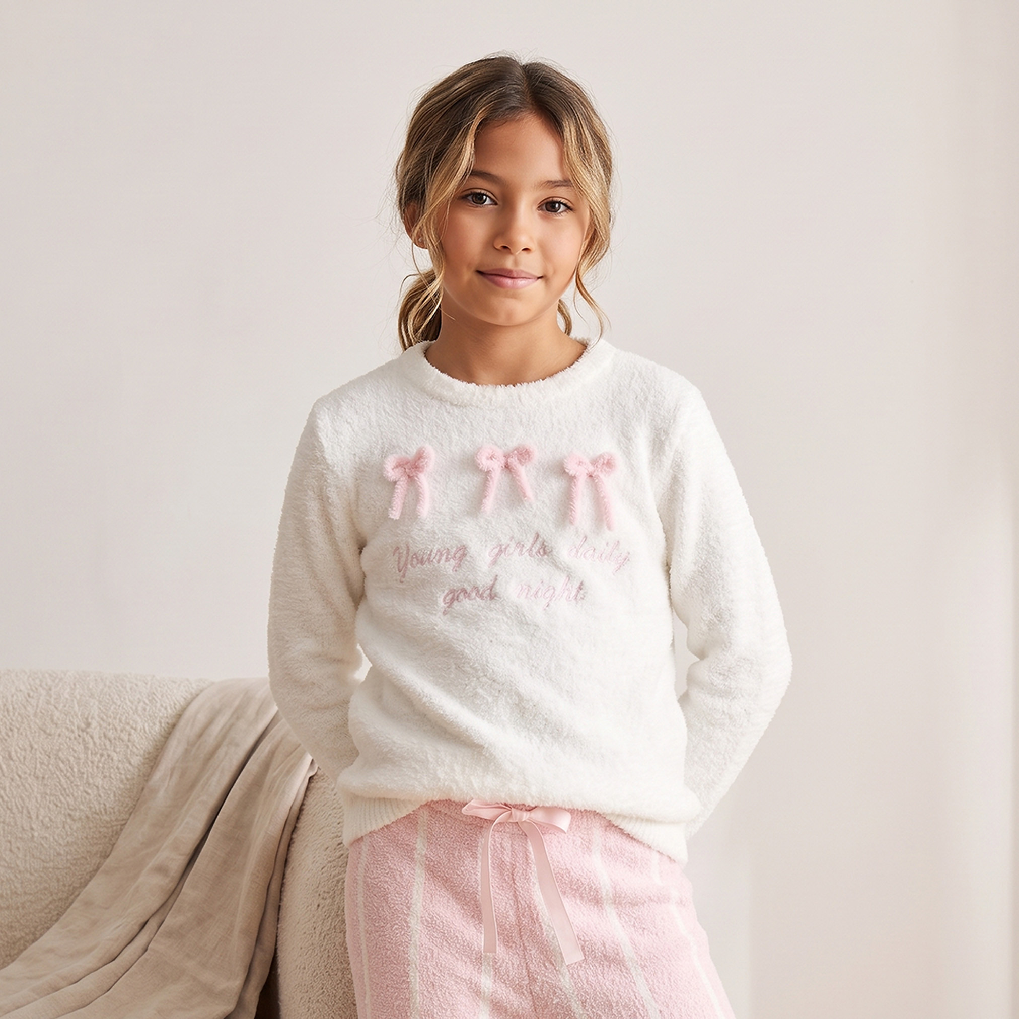 Juniors Crew Neck Long Sleeves Pyjama Set with Bow Accent-girls-clothing-nightwear-image-2