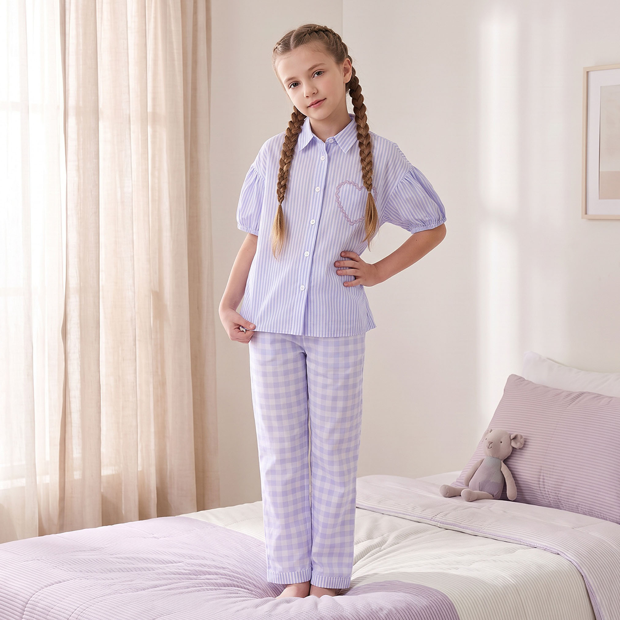طقم بيجاما قطني بياقة وأكمام قصيرة وبخصر مطاطي من جونيورز-girls-clothing-nightwear-image-9