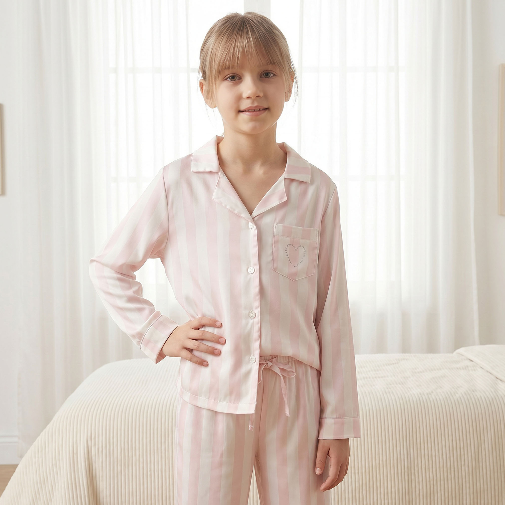 Juniors Cotton Collared Long Sleeves Pyjama Set with Stripes-girls-clothing-nightwear-image-2