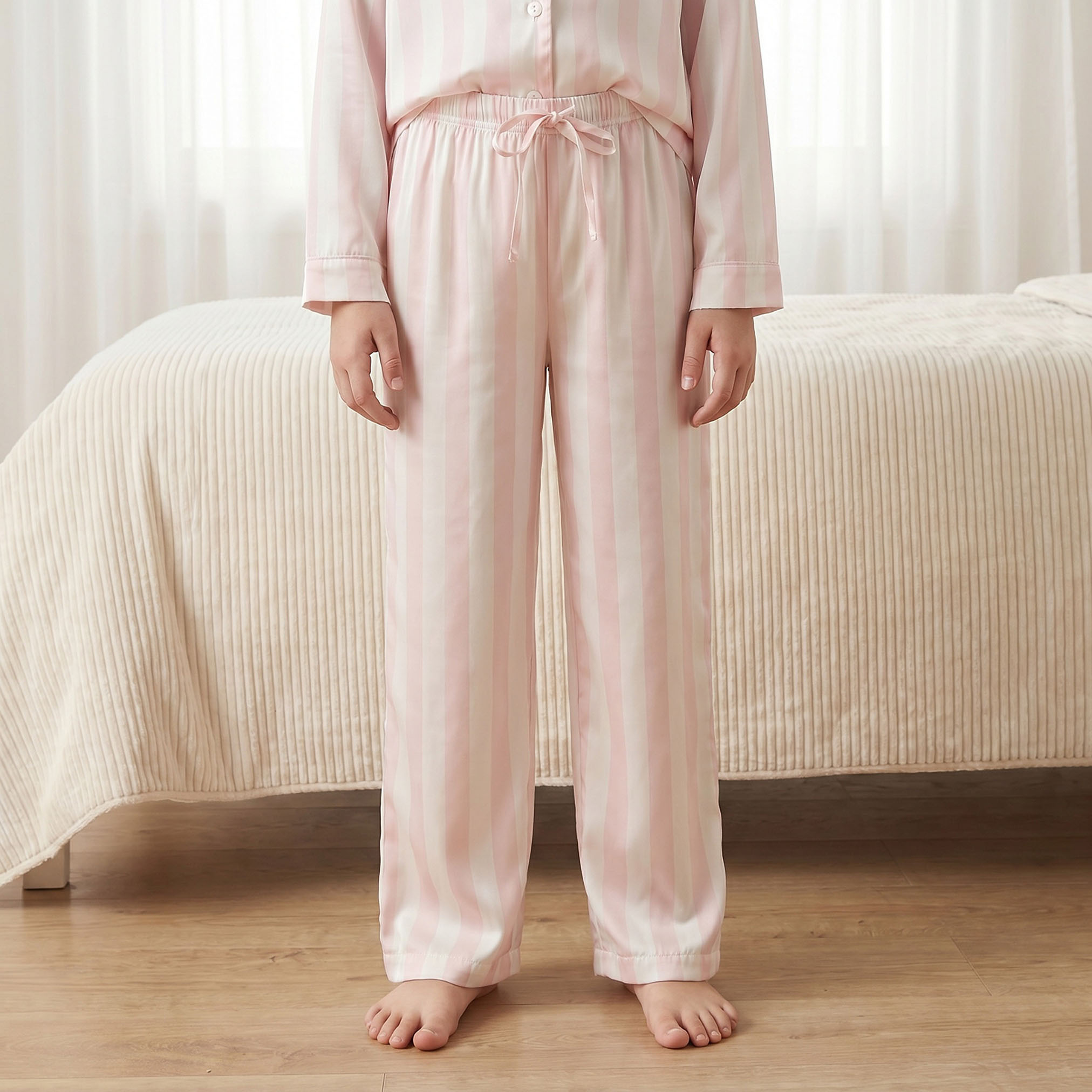 Juniors Cotton Collared Long Sleeves Pyjama Set with Stripes-girls-clothing-nightwear-image-3