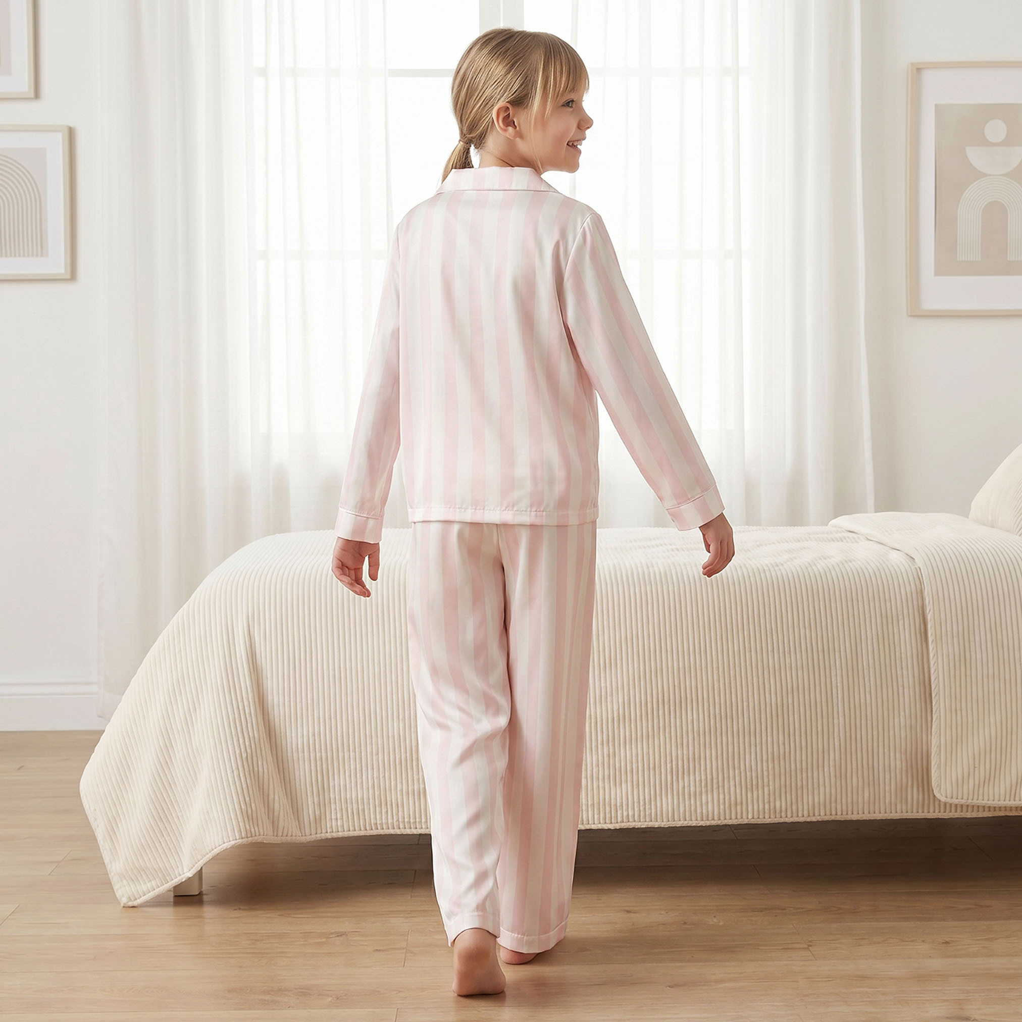 Juniors Cotton Collared Long Sleeves Pyjama Set with Stripes-girls-clothing-nightwear-image-4