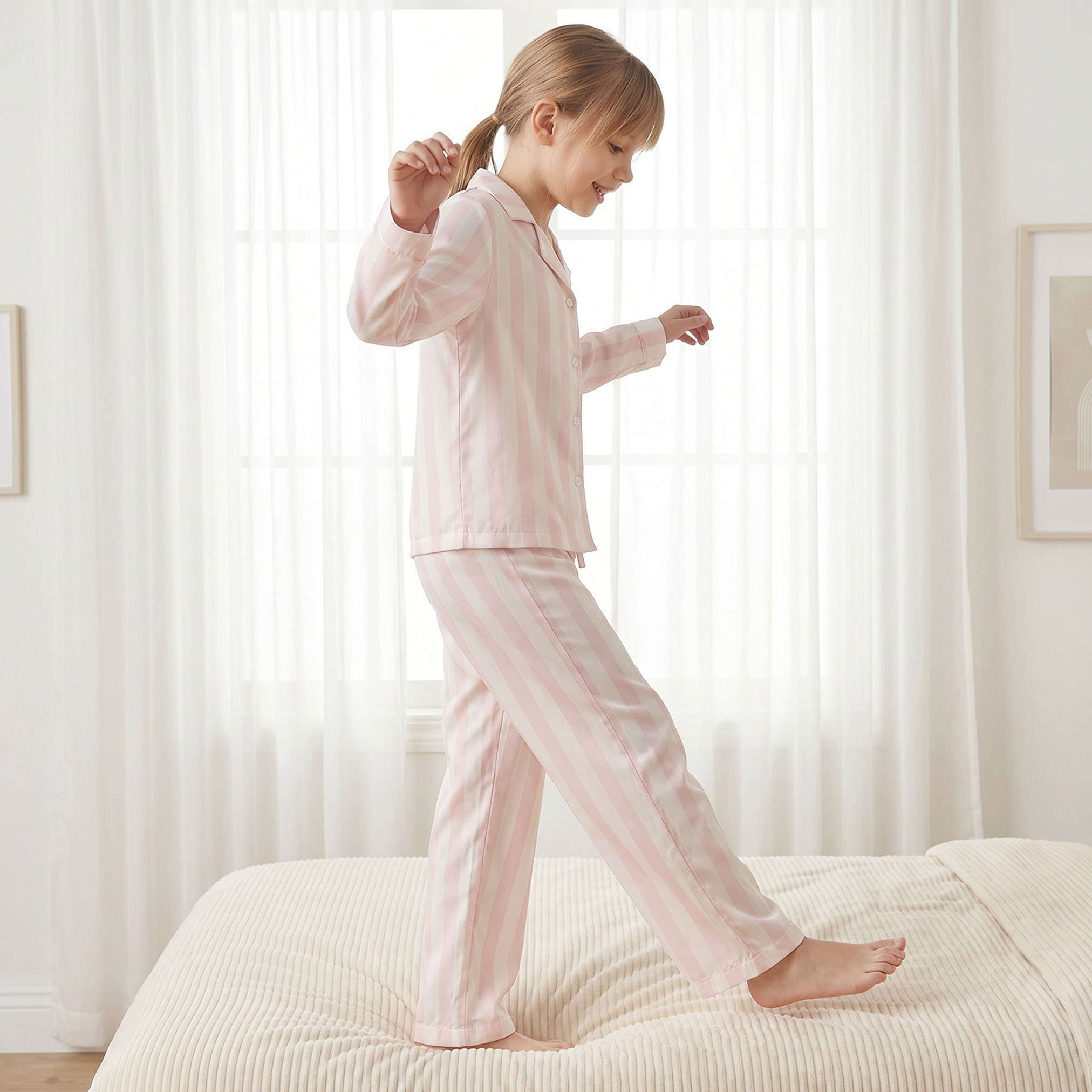 Juniors Cotton Collared Long Sleeves Pyjama Set with Stripes-girls-clothing-nightwear-image-7