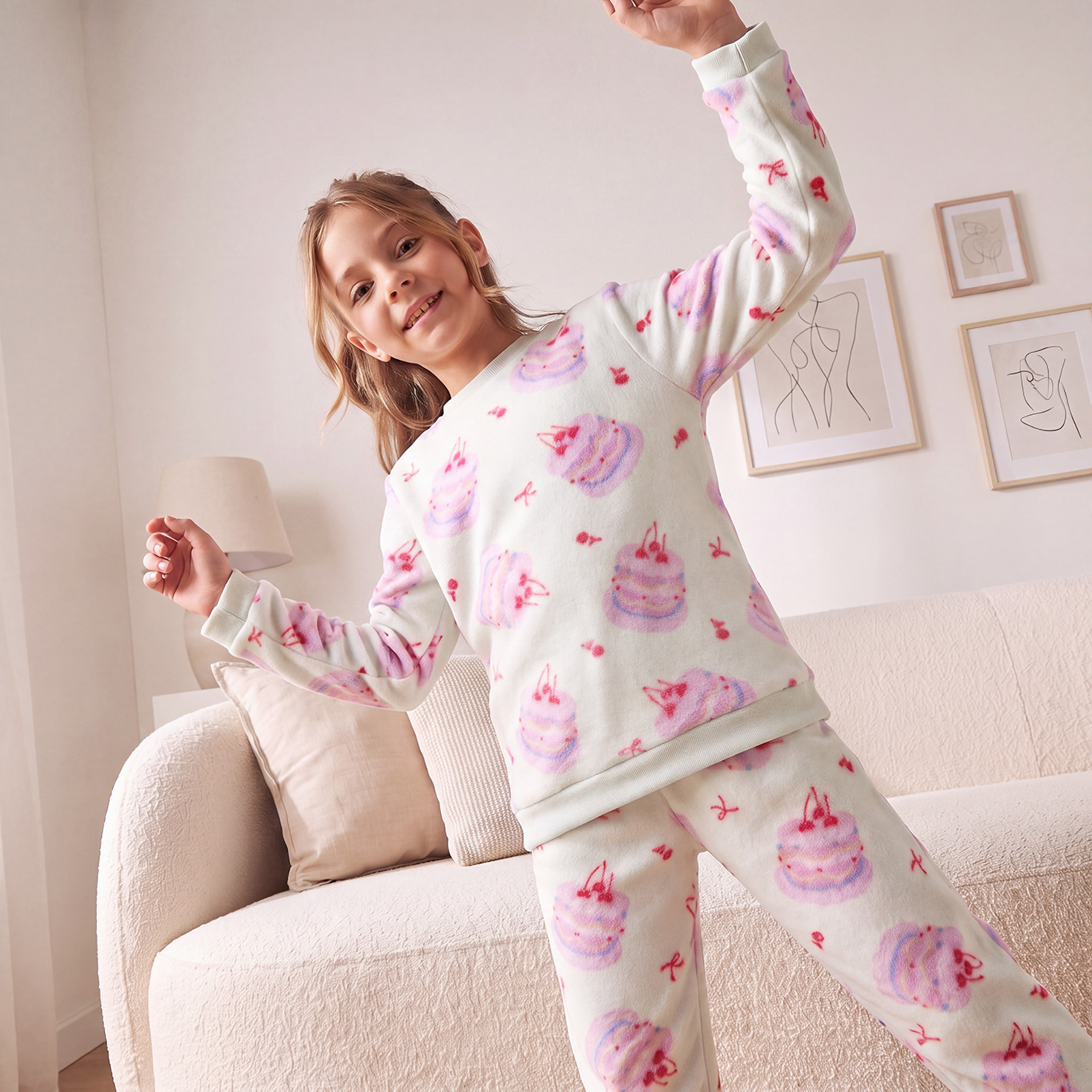 Juniors Girls Crew Neck Long Sleeves Pyjama Set with Assorted Print-girls-clothing-nightwear-image-2