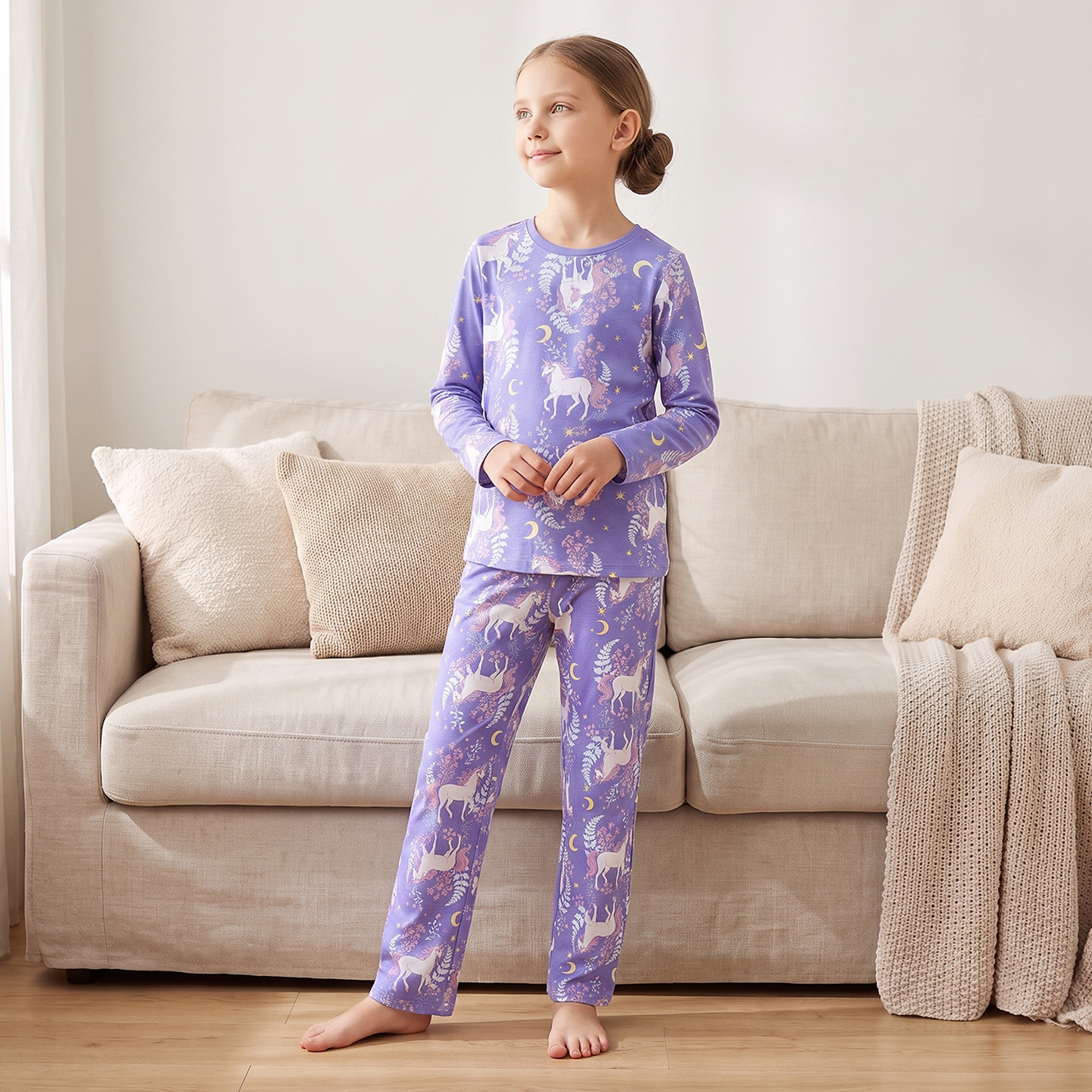 طقم بيجاما قطن بياقة ضيقة وأكمام طويلة وطبعات يونيكورن من جونيورز-girls-clothing-nightwear-image-1