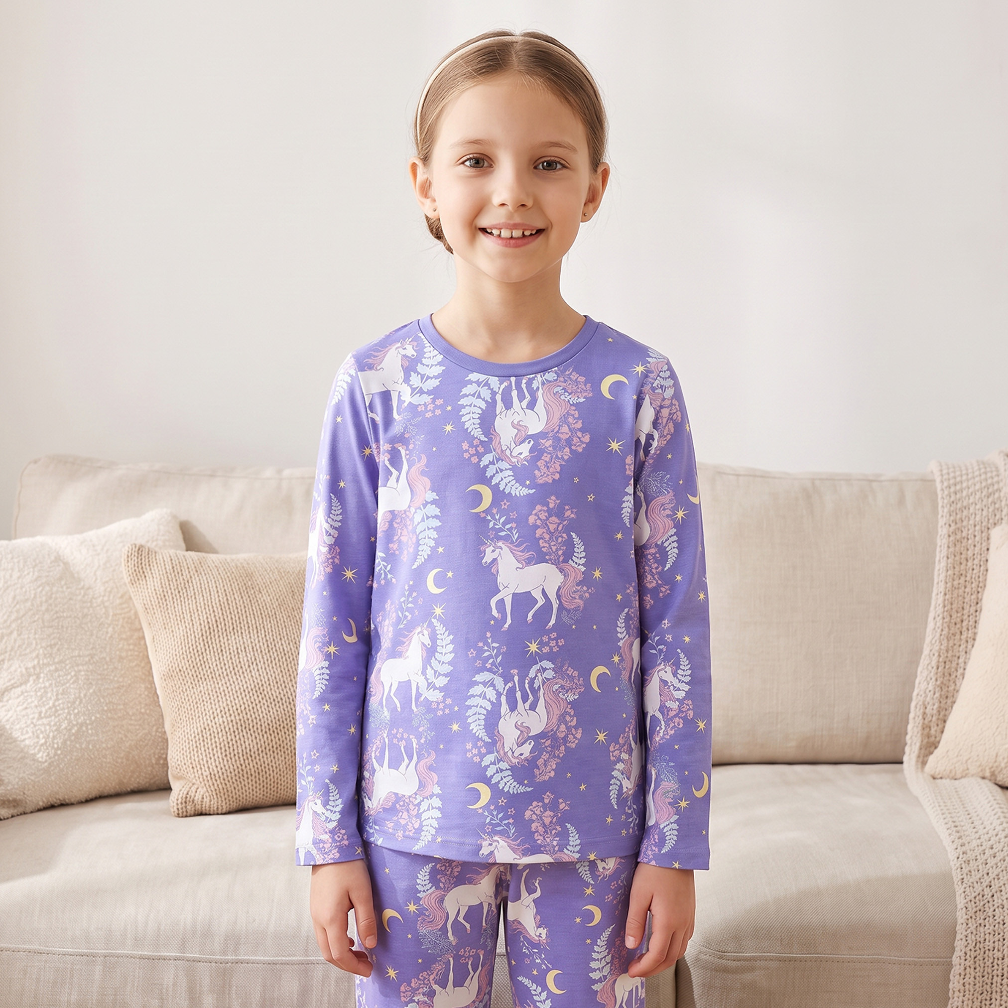 طقم بيجاما قطن بياقة ضيقة وأكمام طويلة وطبعات يونيكورن من جونيورز-girls-clothing-nightwear-image-2