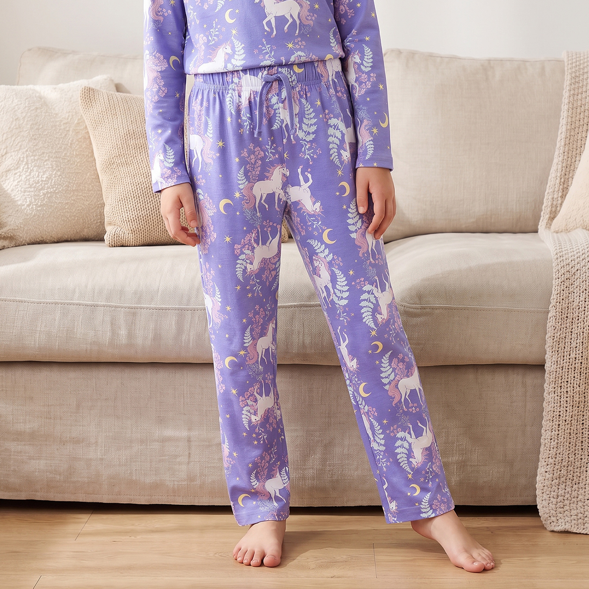 طقم بيجاما قطن بياقة ضيقة وأكمام طويلة وطبعات يونيكورن من جونيورز-girls-clothing-nightwear-image-3