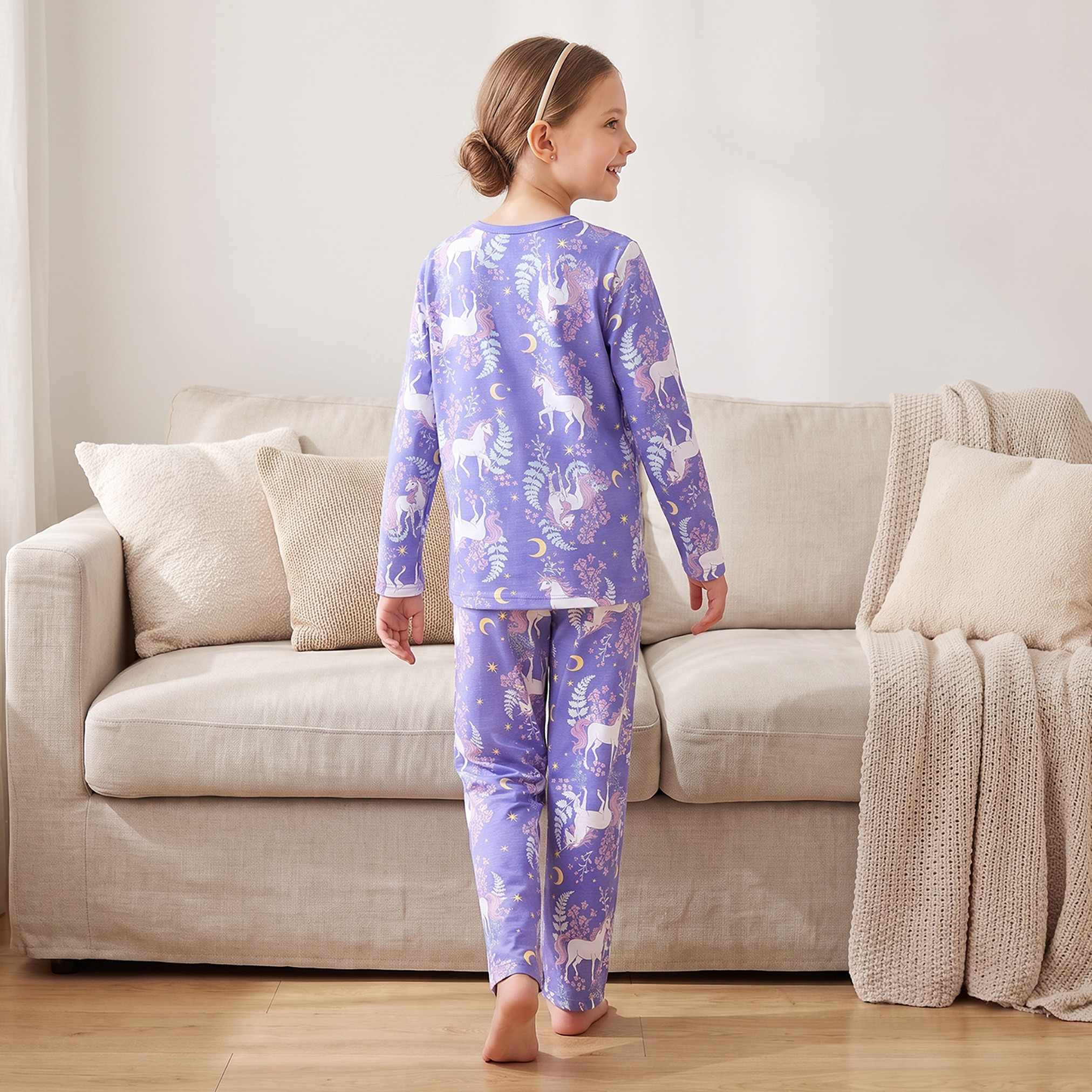 طقم بيجاما قطن بياقة ضيقة وأكمام طويلة وطبعات يونيكورن من جونيورز-girls-clothing-nightwear-image-4