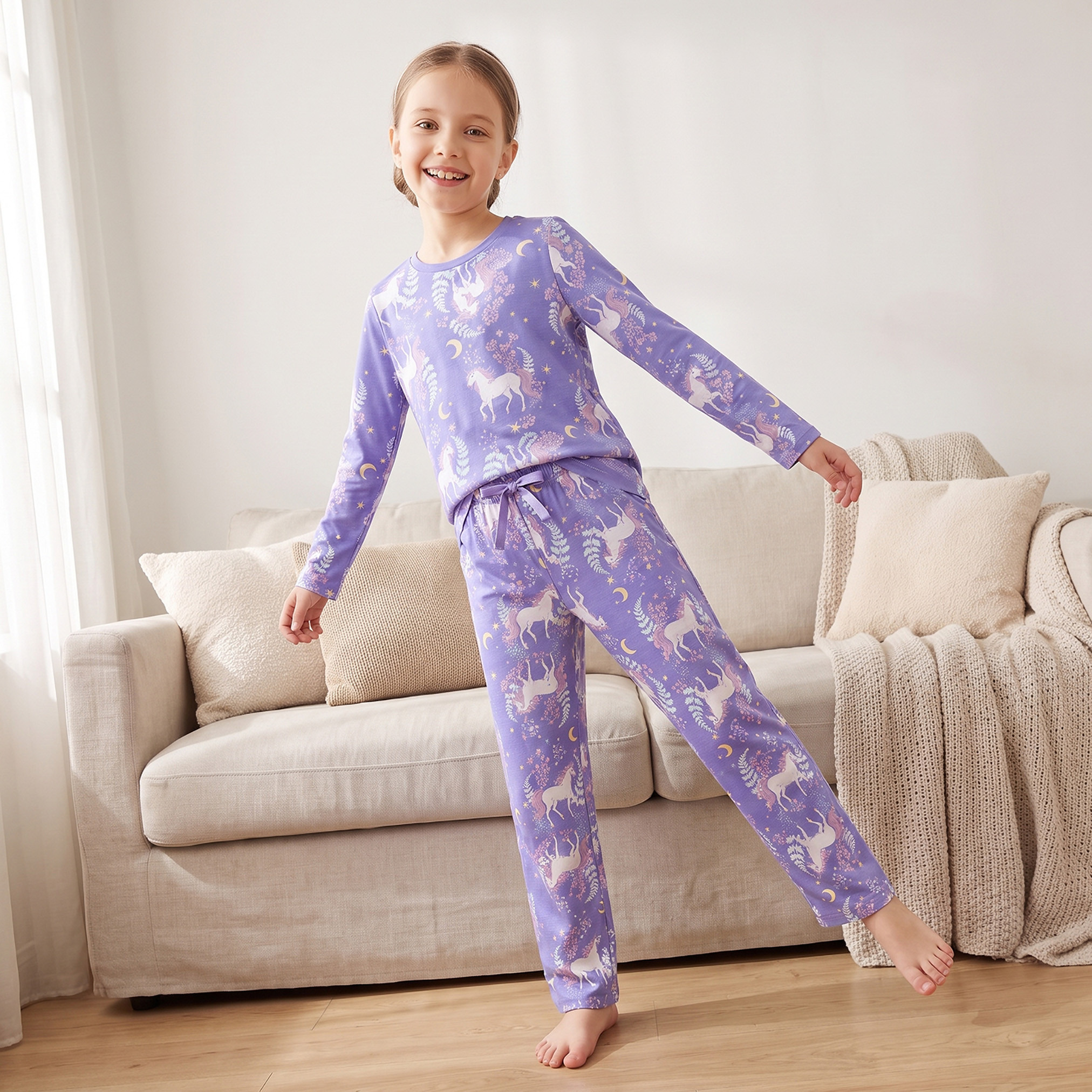 طقم بيجاما قطن بياقة ضيقة وأكمام طويلة وطبعات يونيكورن من جونيورز-girls-clothing-nightwear-image-5