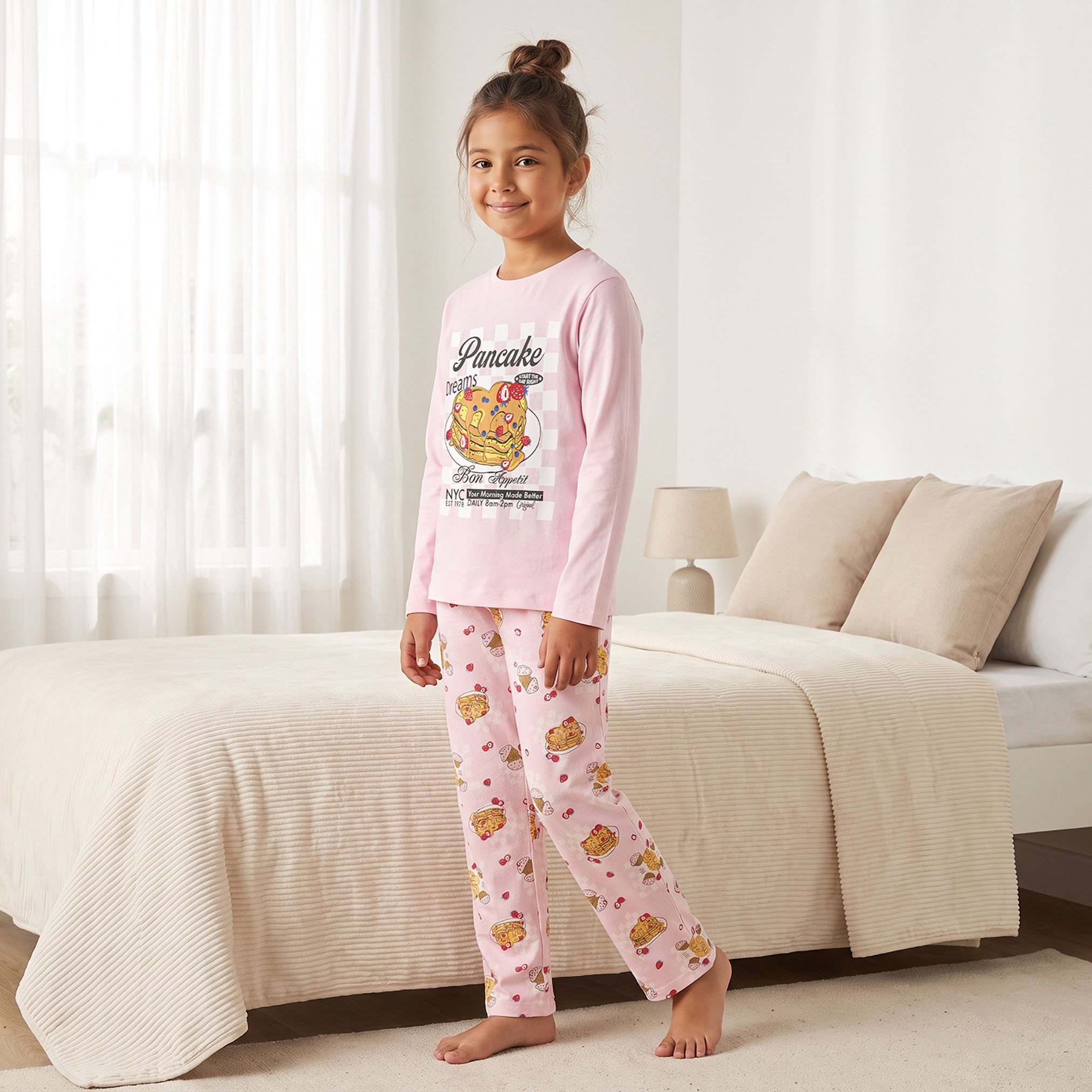 طقم بيجاما قطن بياقة ضيقة وأكمام طويلة بطبعات بانكيك من جونيورز-girls-clothing-nightwear-image-1
