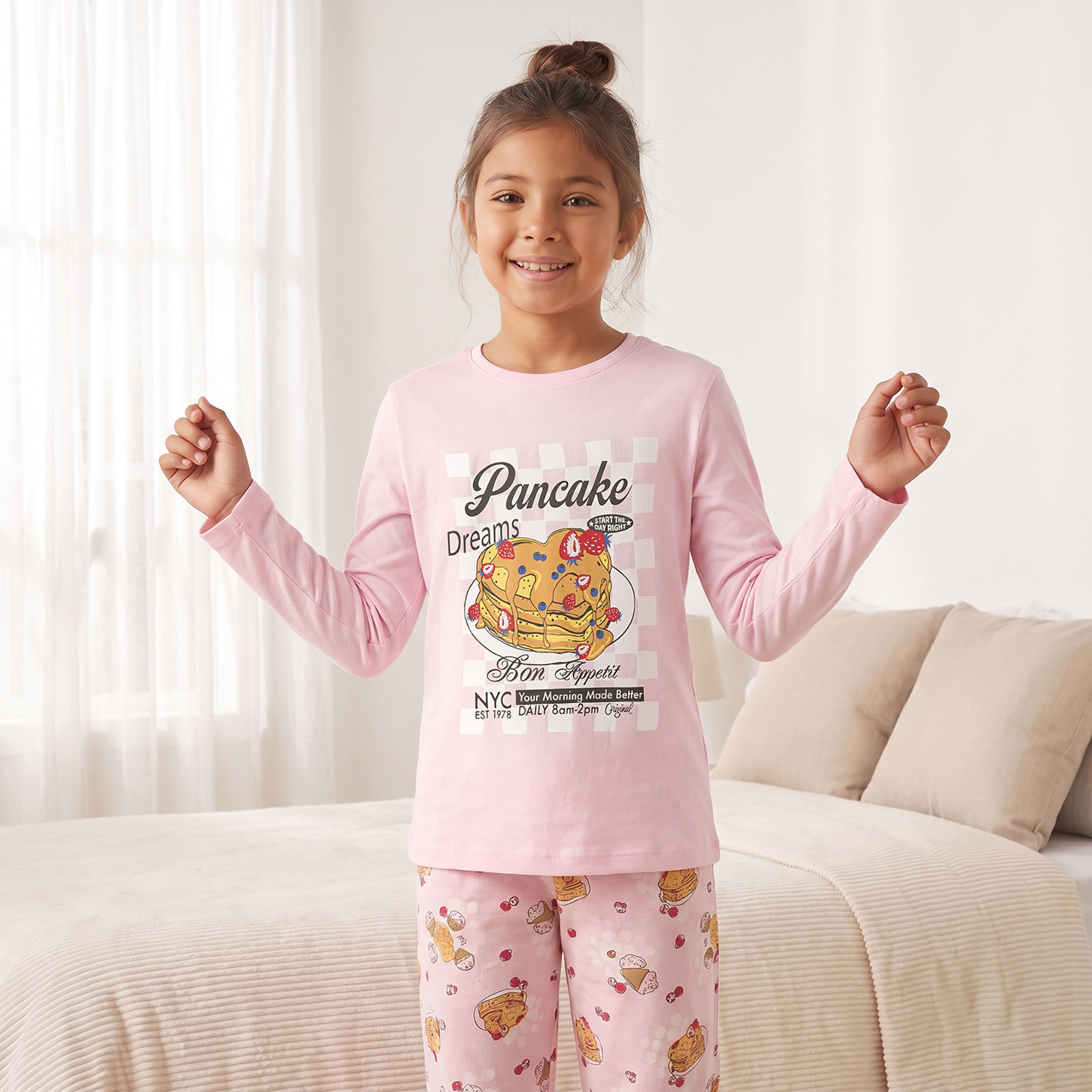 طقم بيجاما قطن بياقة ضيقة وأكمام طويلة بطبعات بانكيك من جونيورز-girls-clothing-nightwear-image-2