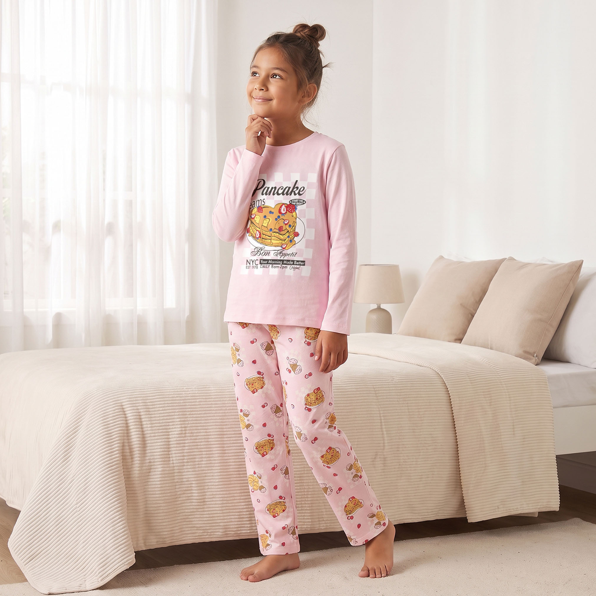 طقم بيجاما قطن بياقة ضيقة وأكمام طويلة بطبعات بانكيك من جونيورز-girls-clothing-nightwear-image-6