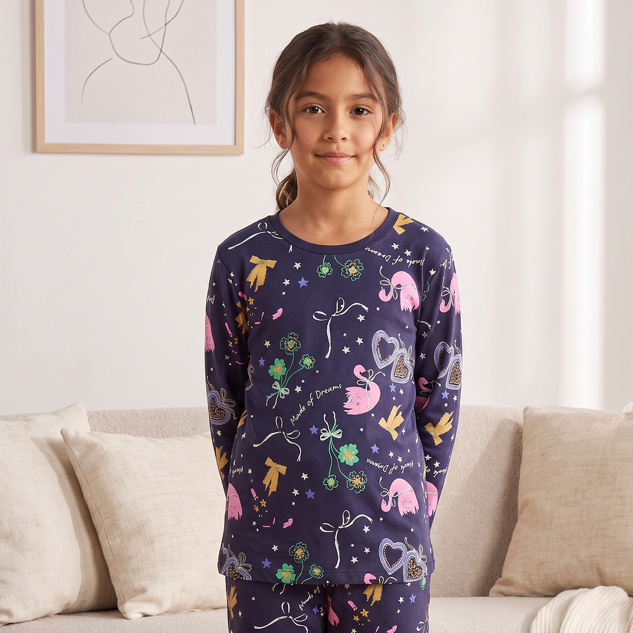 طقم بيجاما قطن بياقة ضيقة وأكمام طويلة وطبعات من جونيورز-girls-clothing-nightwear-image-3