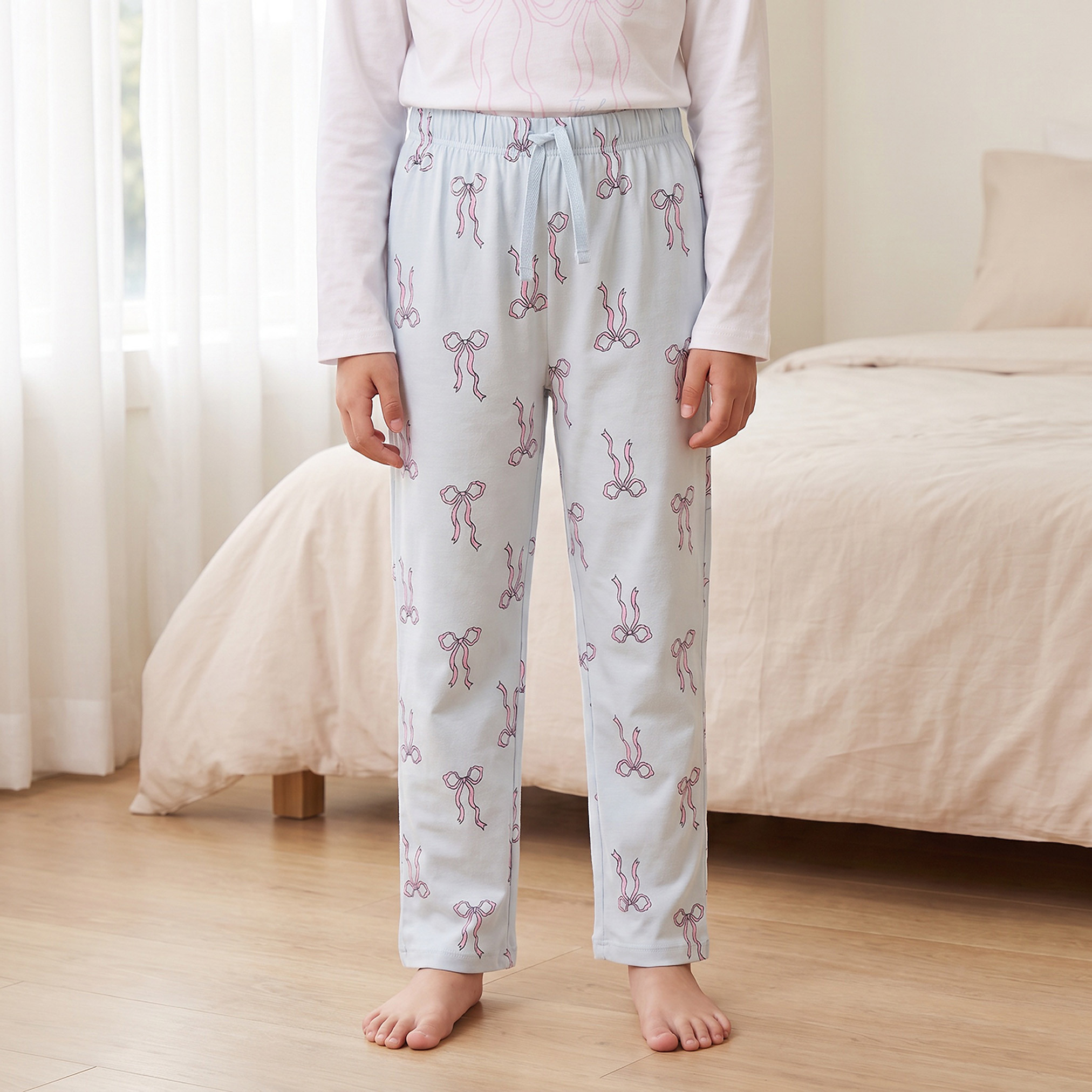 Juniors Cotton Crew Neck Long Sleeves Pyjama Set with Bow Print-girls-clothing-nightwear-image-4