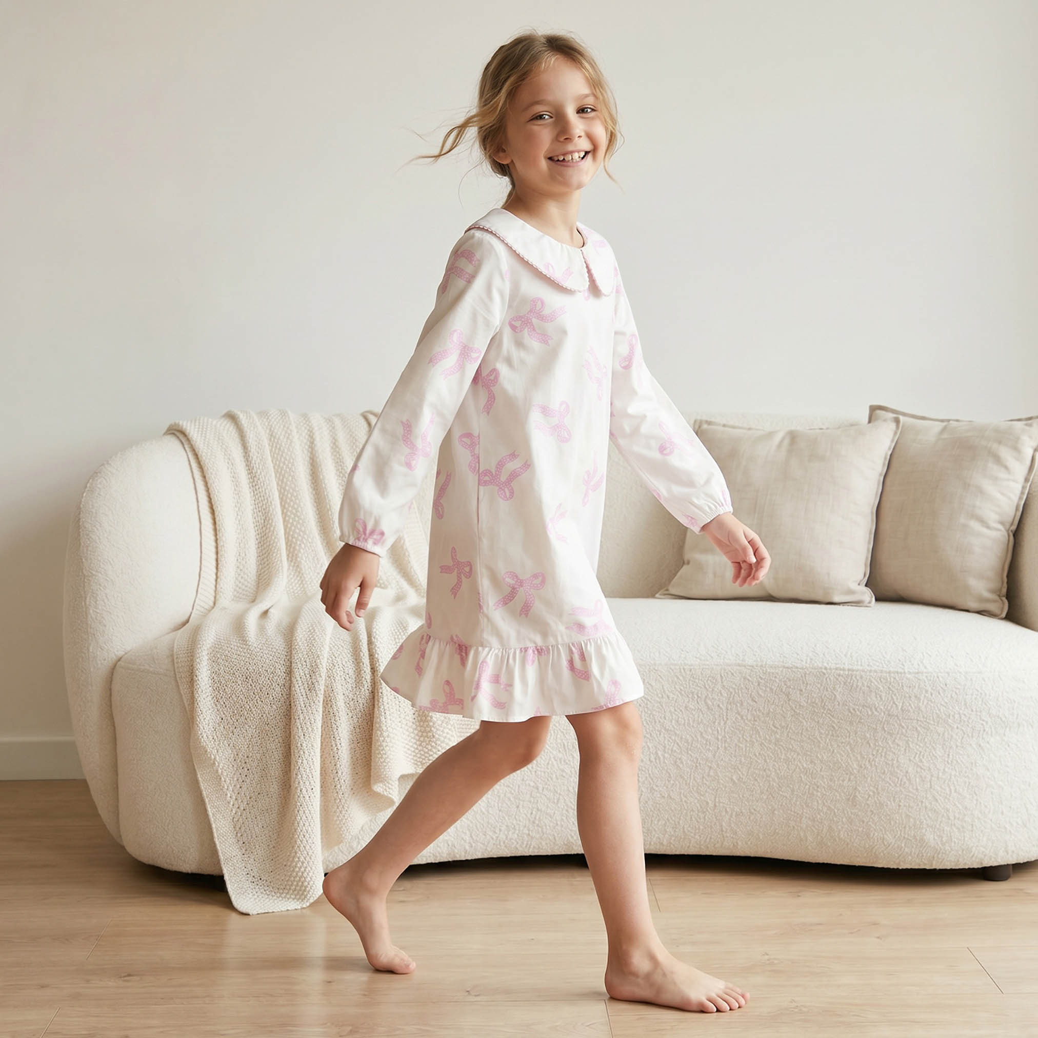 Juniors Cotton Peter Pan Long Sleeves Night Dress with Bow Print-girls-clothing-nightwear-image-1