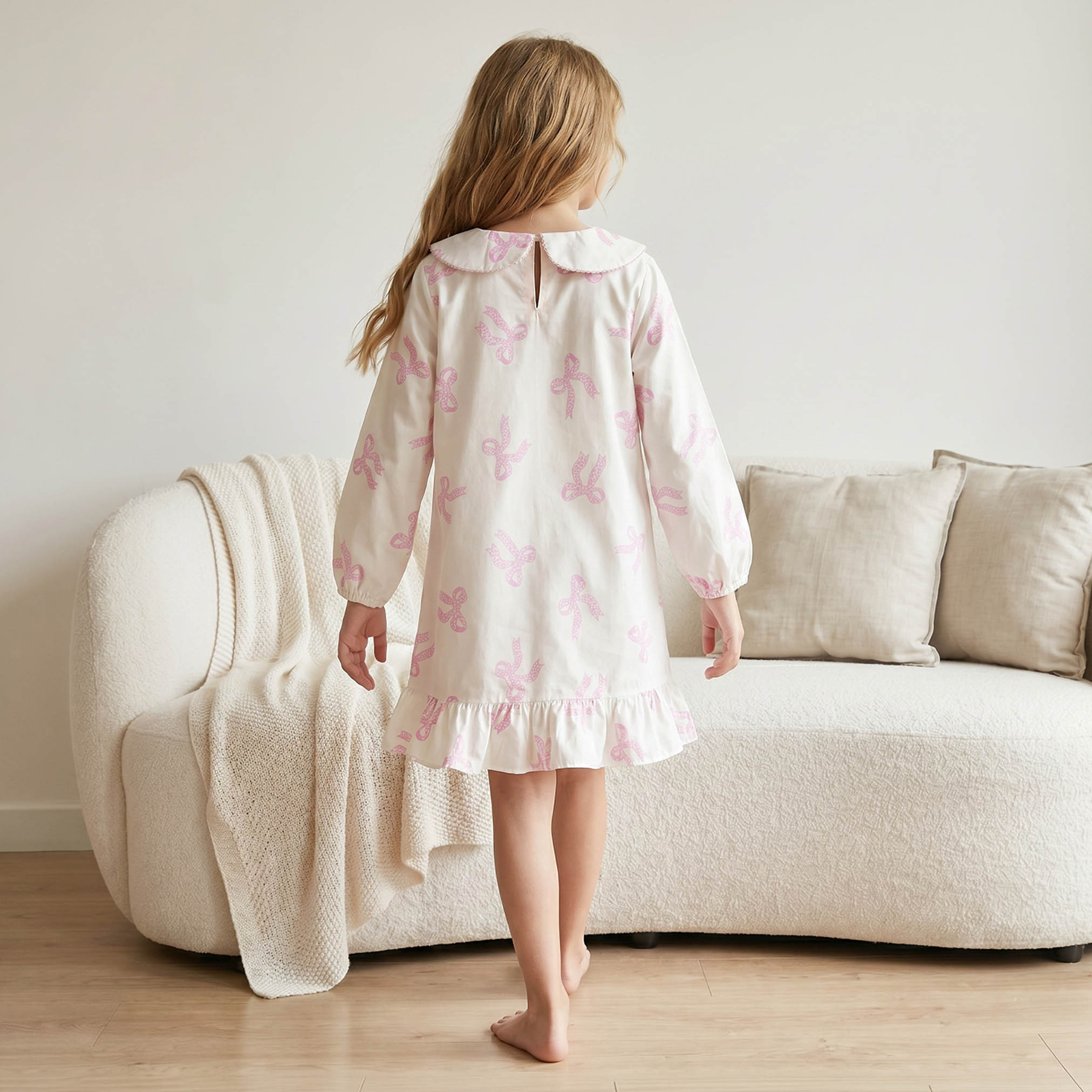 Juniors Cotton Peter Pan Long Sleeves Night Dress with Bow Print-girls-clothing-nightwear-image-2