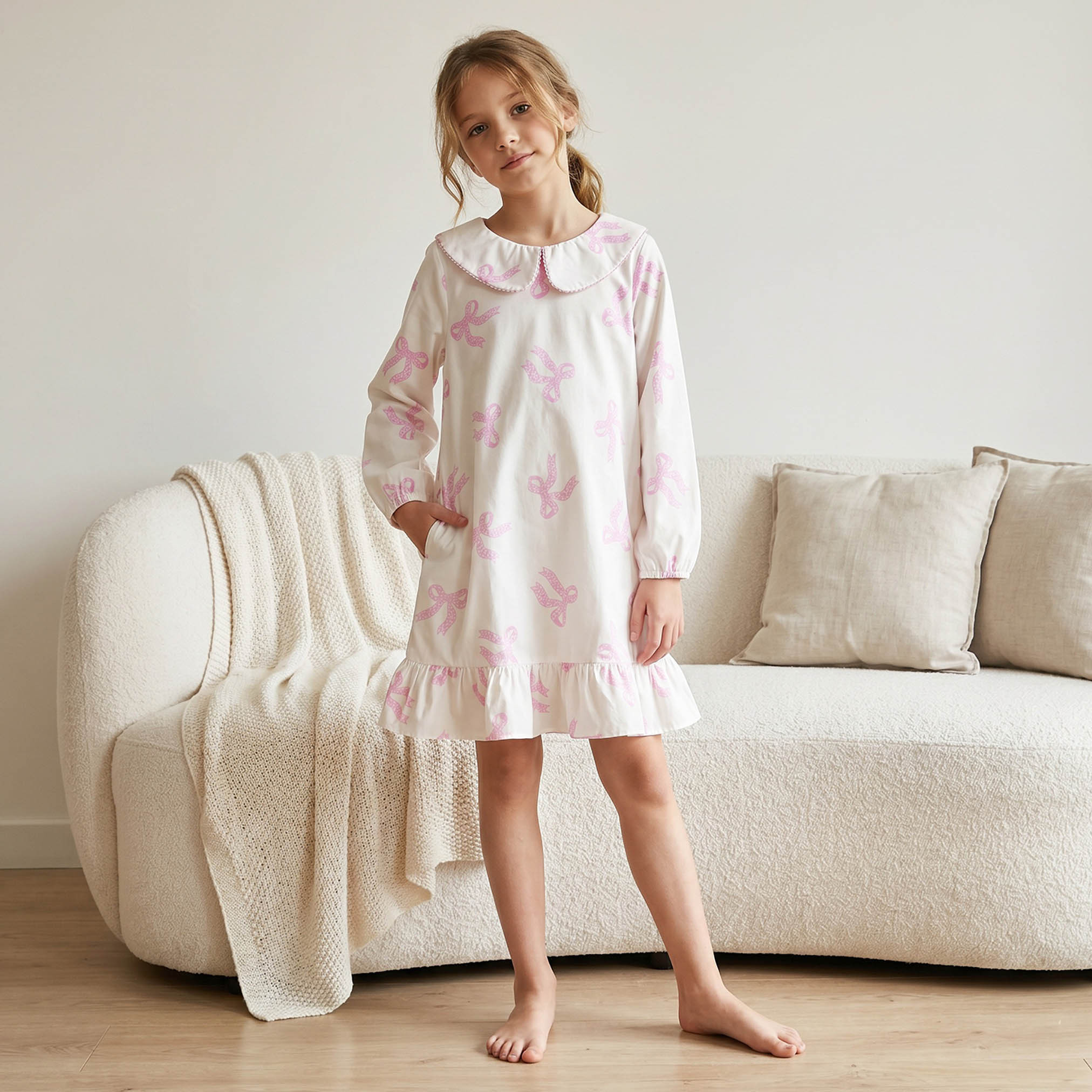Juniors Cotton Peter Pan Long Sleeves Night Dress with Bow Print-girls-clothing-nightwear-image-4